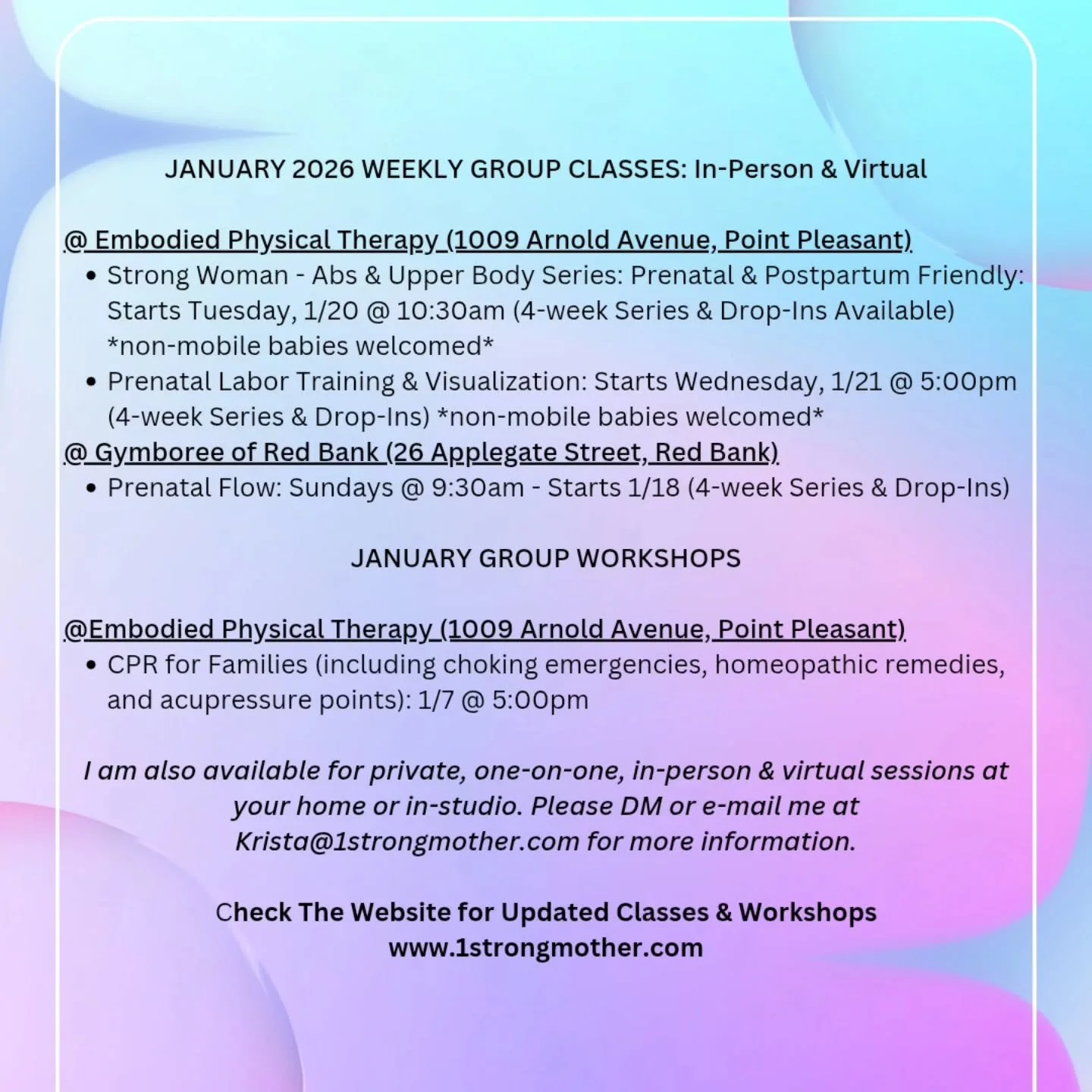 HELLO JANUARY 👋

CPR for Families: 1.7 at 5pm @embodiedphysicaltherapy 

Prenatal Flow: Sundays at 9:30am @gymboreeclasses_redbank 

Strong Woman: ABS &amp; Upper Body: Tuesdays at 10:30am @embodiedphysicaltherapy 

Prenatal Labor Training: Wednesda