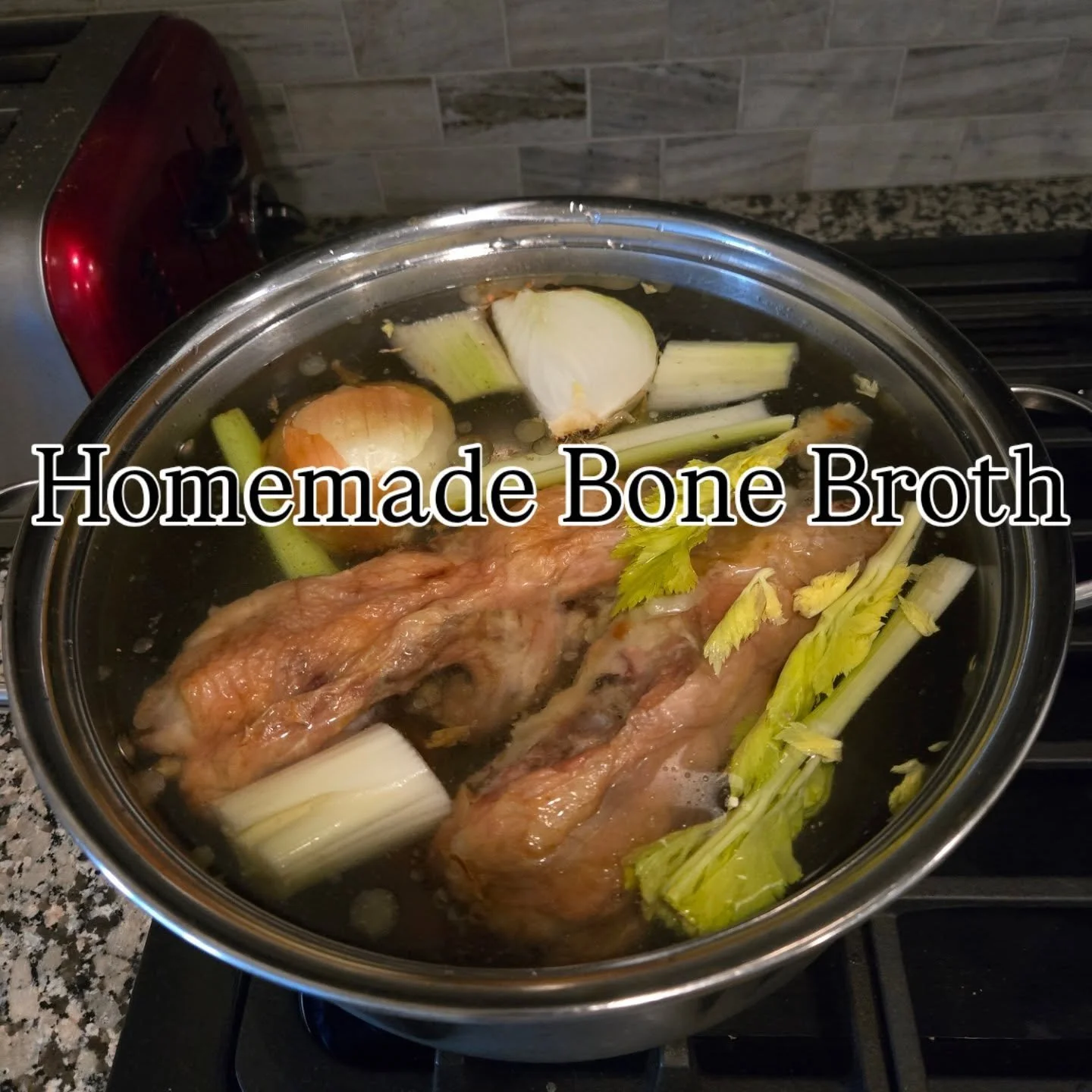 Bone Broth: Great to prepare on a cold, wintery day.

I promise it's really easy!! 

1. Use any leftover bones from a roast: chicken, turkey, pork, beef, whatever!
2. Throw in a pot with vegetables lying around: onions, carrots, garlic, celery, lefto