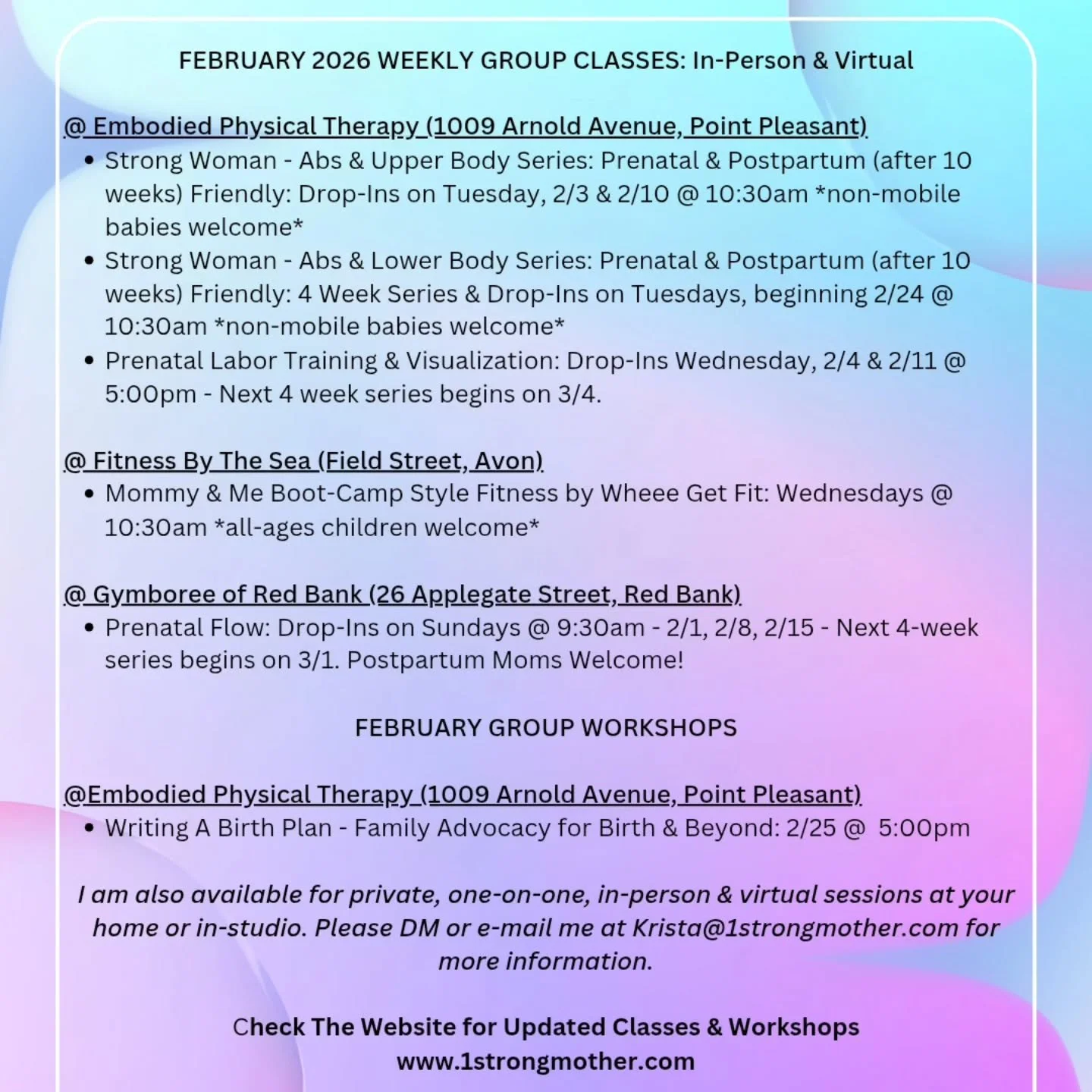 February 2026 Schedule!

Newly Added: Wednesday Mornings Bootcamp Style Class at 10:30am @wheeegetfit located @btsfit in Avon.

Your first class is free 💜

#prenatalfitness
#postpartumfitness
#doulalife
#momandbaby