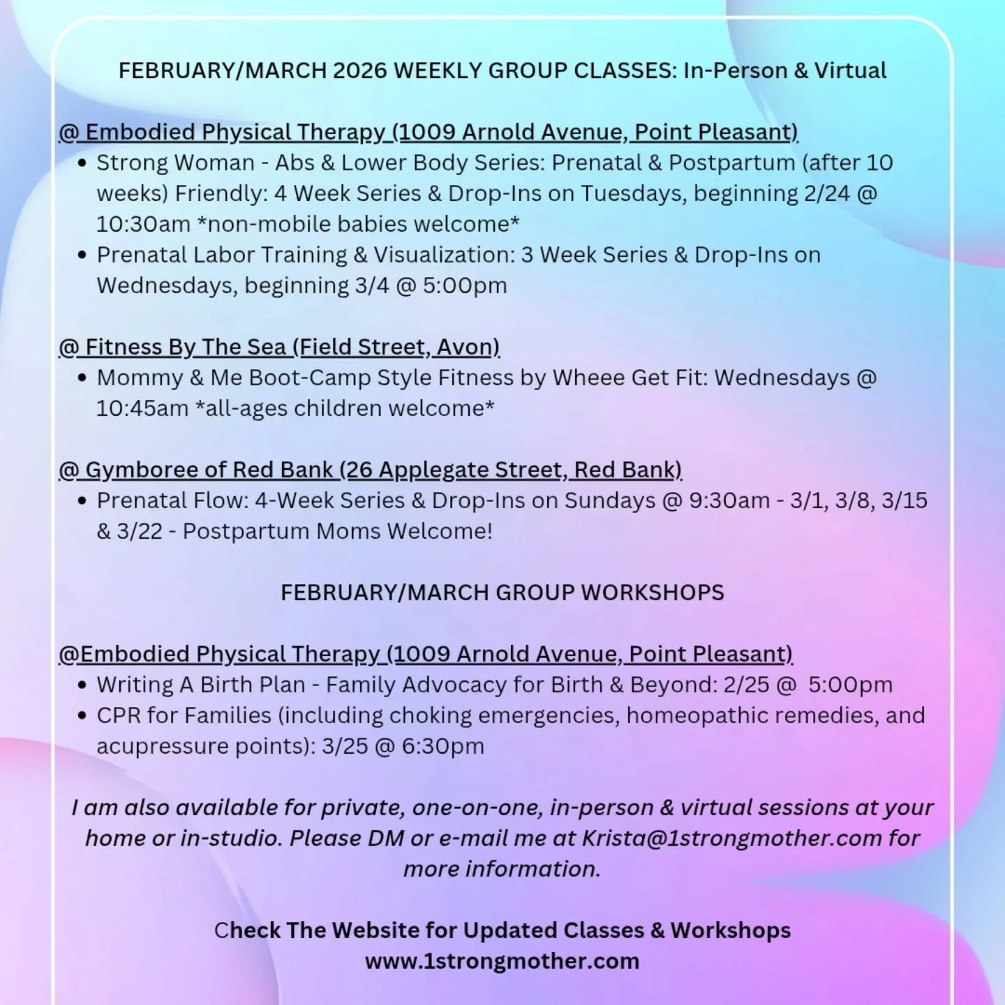 End of February and March Classes are posted!!

#prenatalfitness 
#postpartumfitness 
#birthdoula 
#birthadvocacy 
#cpr