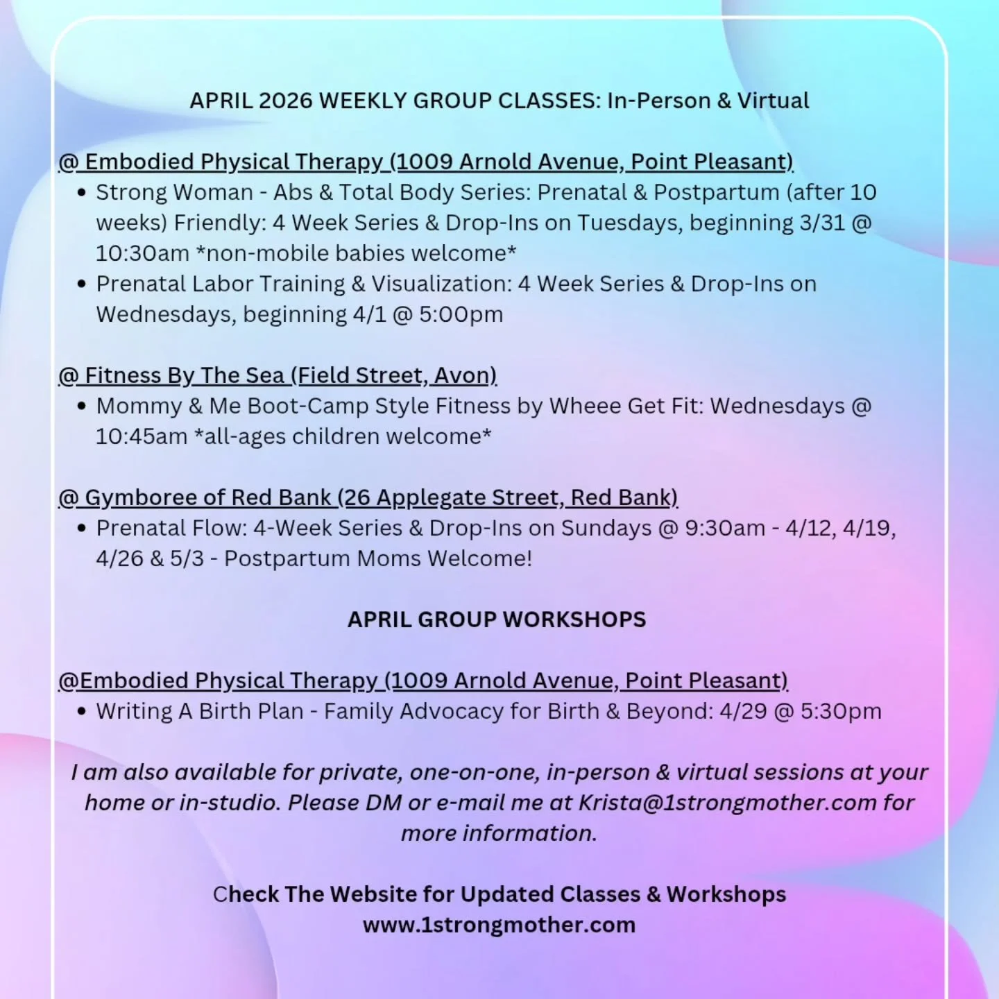 April Classes!!!!

Happy Spring 🌱🌞

#prenatalfitness 
#postpartumfitness