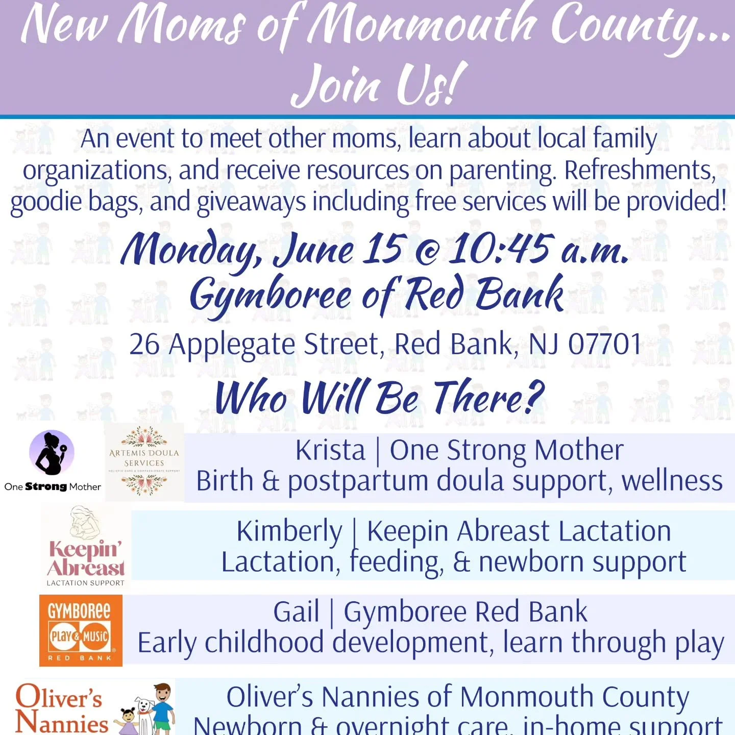 Join me, Kimberly of @keepinabreastlactation, Gail of @gymboreeclasses_redbank, and Lillian and Madisson of @oliversnanniesmonmouthnj on MONDAY, JUNE 15TH @ 11am at Gymboree of Red Bank (26 Applegate St).

This will be a relaxing session for moms and