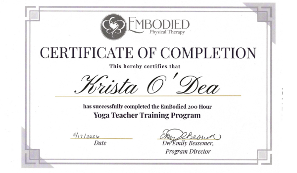 Yoga teacher training certificate for Krista O'Dea