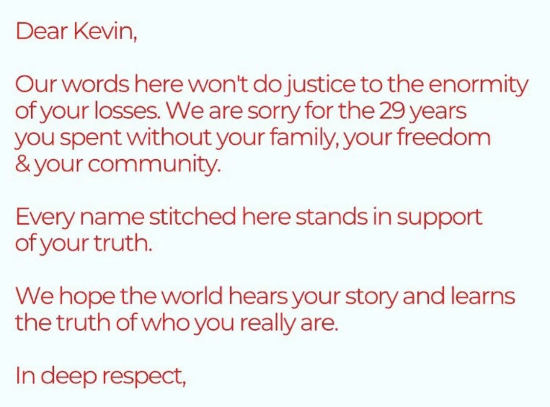  The messaged stitched into the back of the quilt for Kevin. 