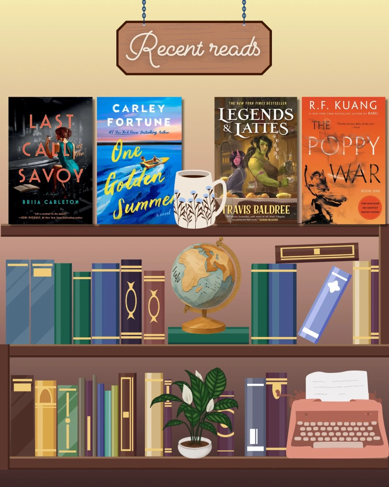 Recent (great) reads:

📖 The Poppy War by R.F. Kuang
📖 Legends &amp; Lattes by Travis Baldree
📖 Last Call at the Savoy by Brisa Carleton (@brisacarleton)
📖 One Golden Summer by Carley Fortune

Highly rec these reads to start your spring 🌸

#rece
