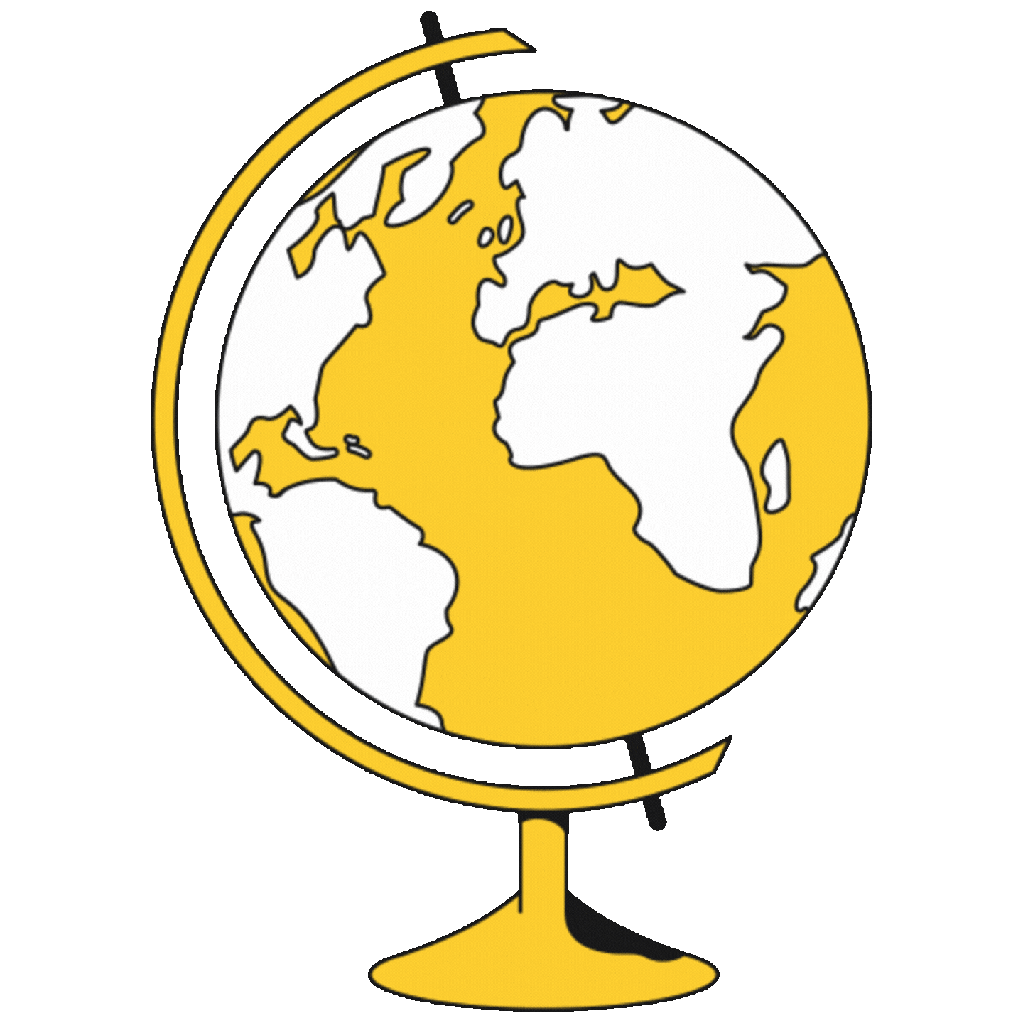 A yellow and white world globe showing continents with the Atlantic Ocean in the middle, mounted on a stand.