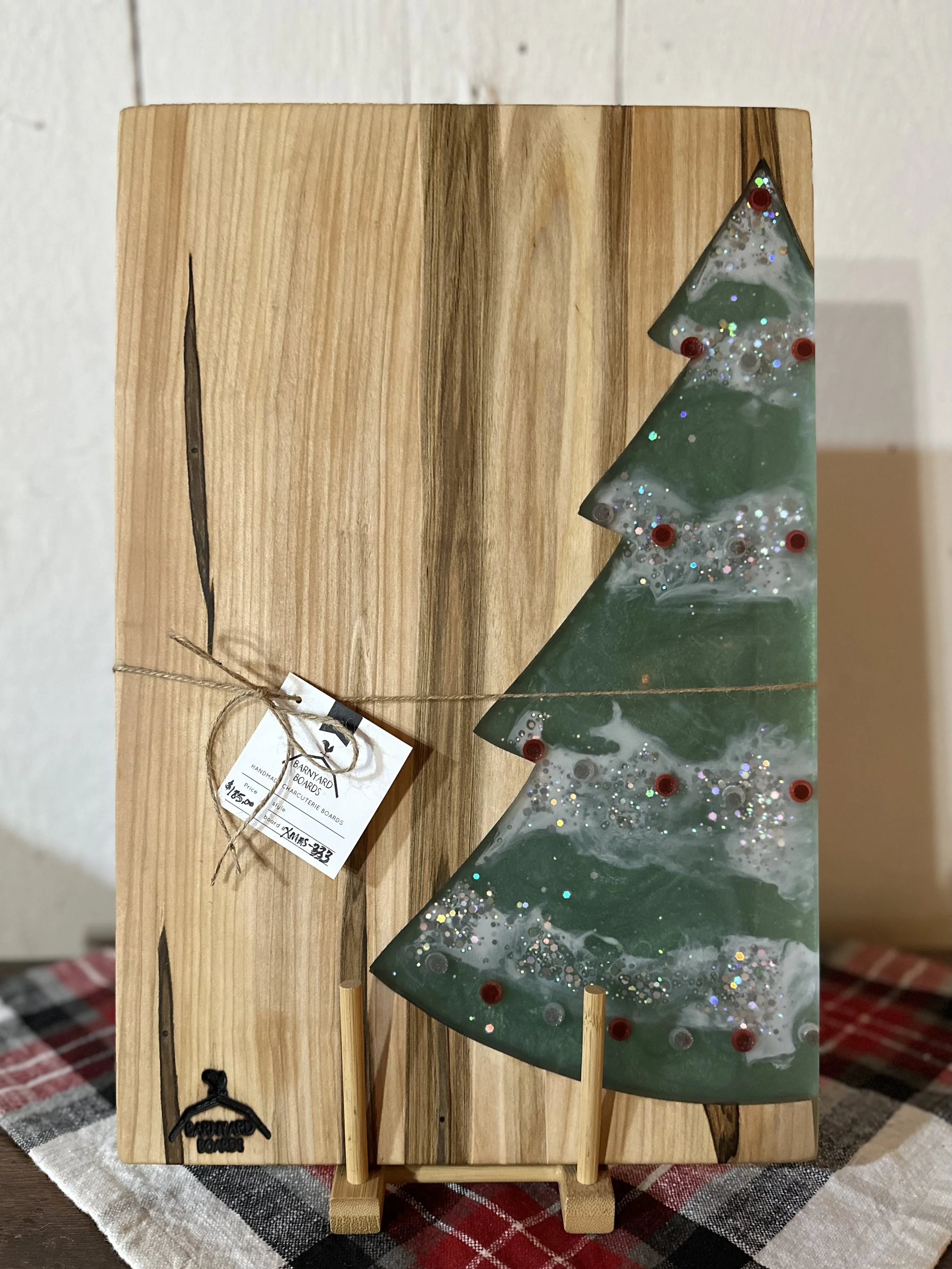 Wormy, ambrosia maple half tree board with green epoxy and mini faux ornaments