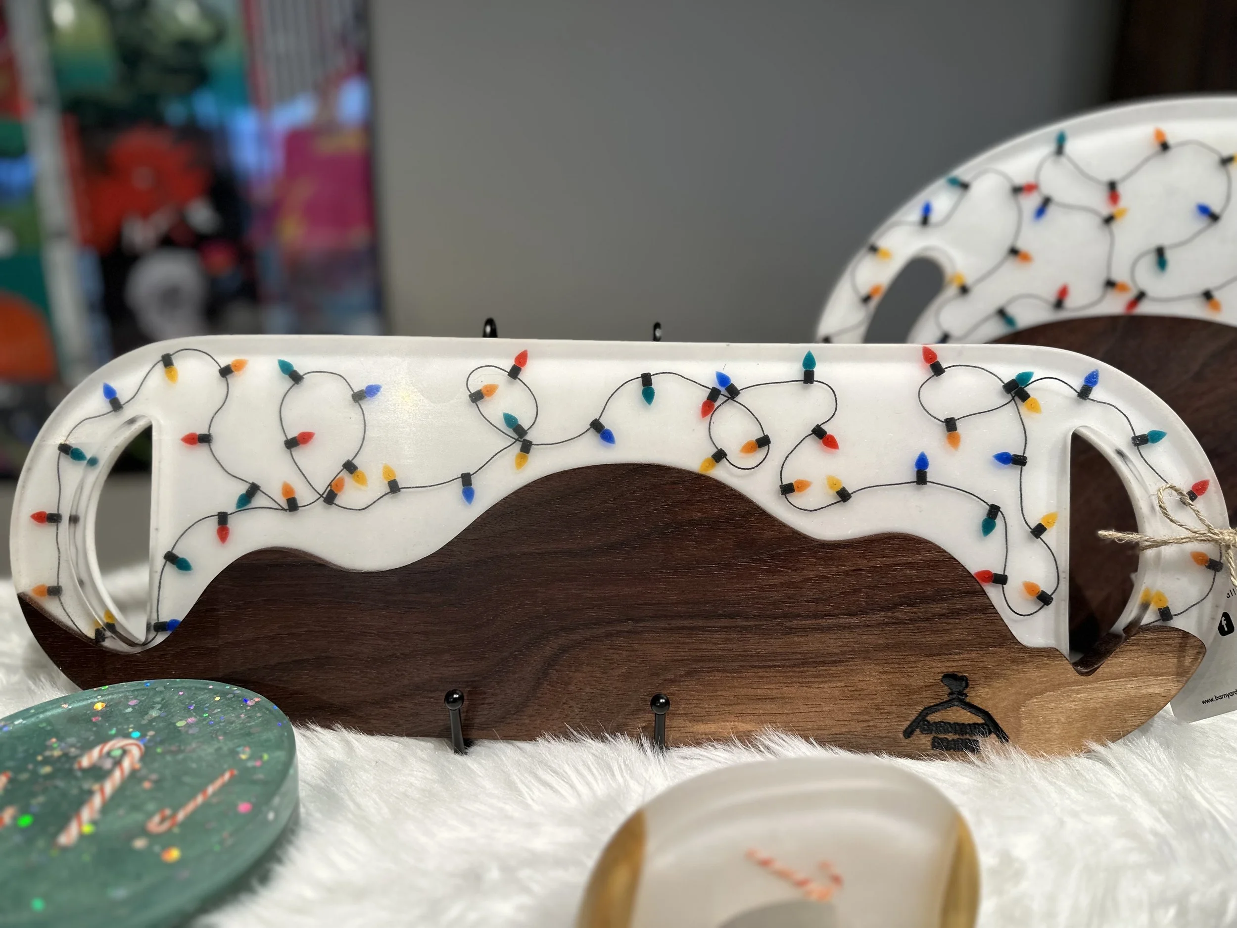 Black Walnut and White Faux Christmas Light Serving Board