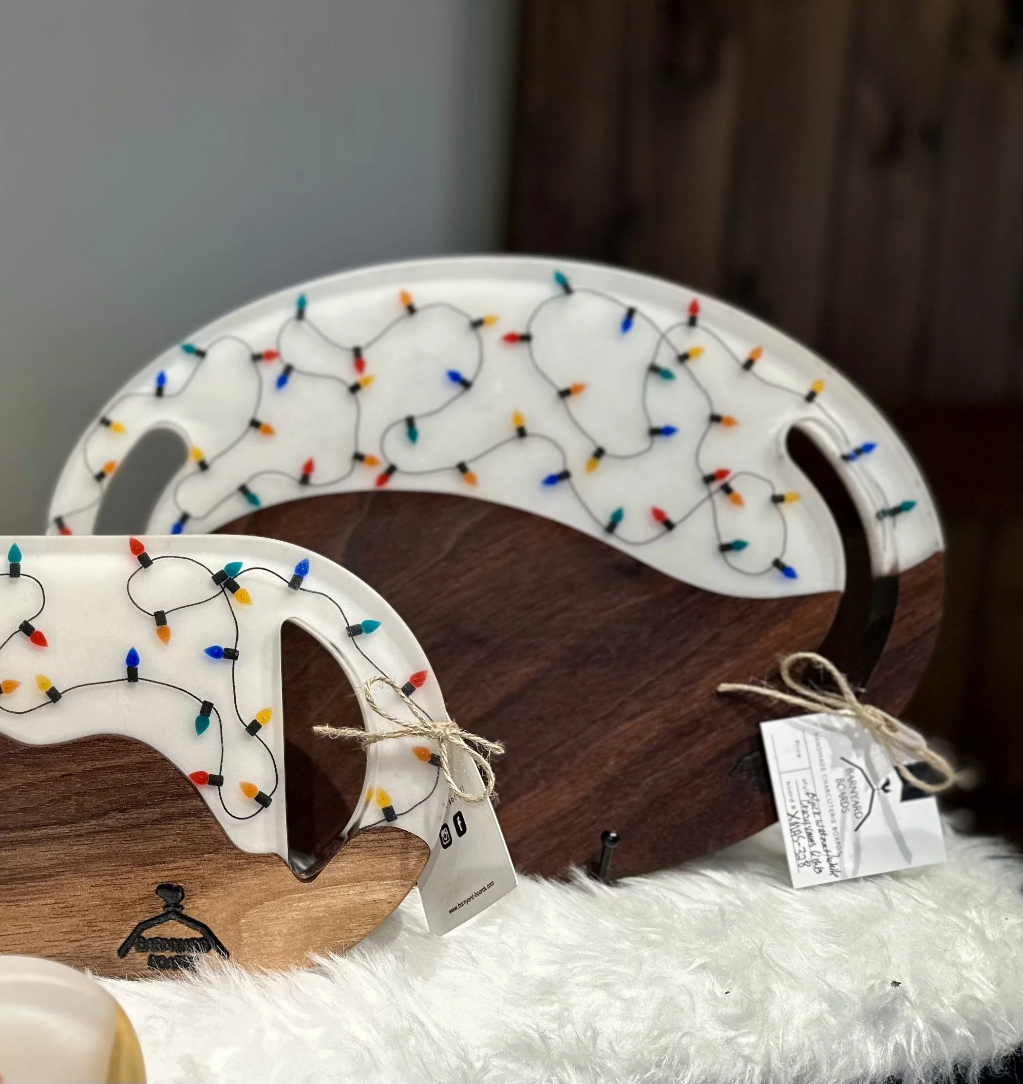 Black Walnut and White with Faux mini Christmas Lights Oval Serving Board