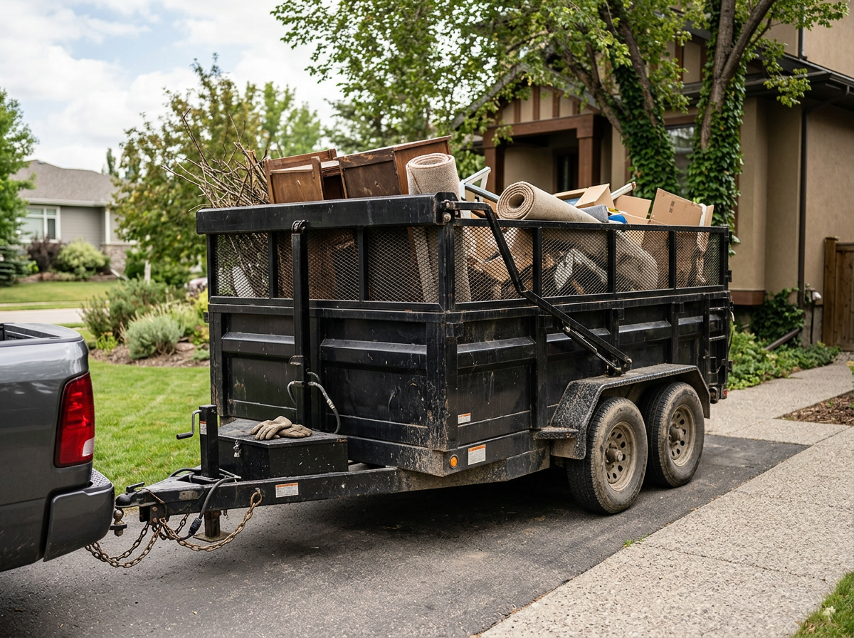 A black utility trailer attached to a vehicle, filled with gardening supplies such as rolled-up rugs, wooden planters, and cardboard boxes, parked on a driveway in a residential neighborhood.