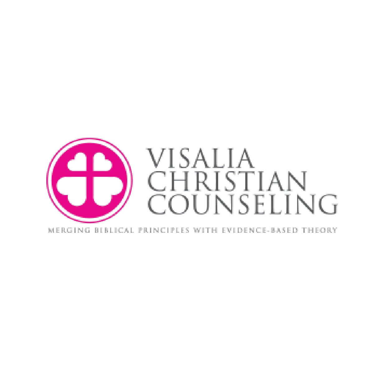 Logo for Visalia Christian Counseling featuring a pink circle with a stylized cross and hearts, with the text 'Visalia Christian Counseling' and the tagline 'Merging biblical principles with evidence-based theory'.