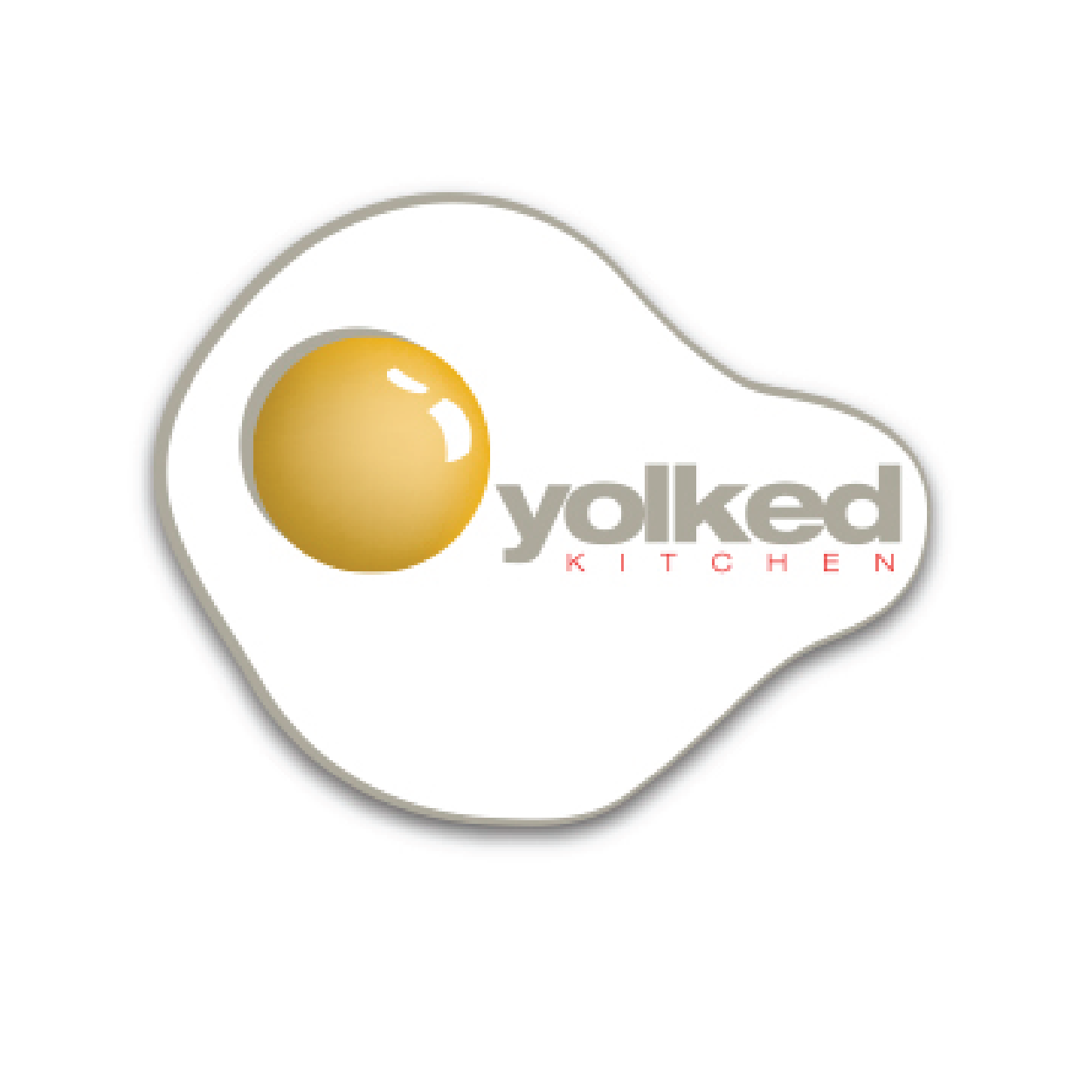 Logo of Yolked Kitchen featuring a stylized fried egg with a gold yolk and the text 'yolked' in large gray letters and 'KITCHEN' in red underneath.