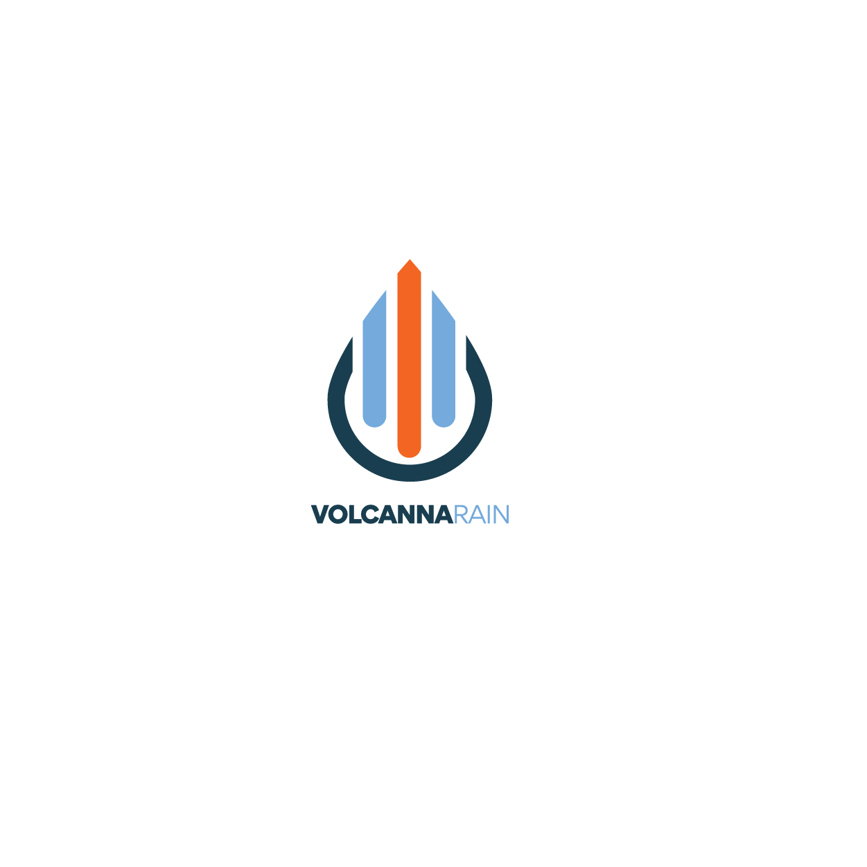 Logo for Volcanna Rain featuring a stylized volcano with orange and blue lines and a droplet shape, with the company name below.