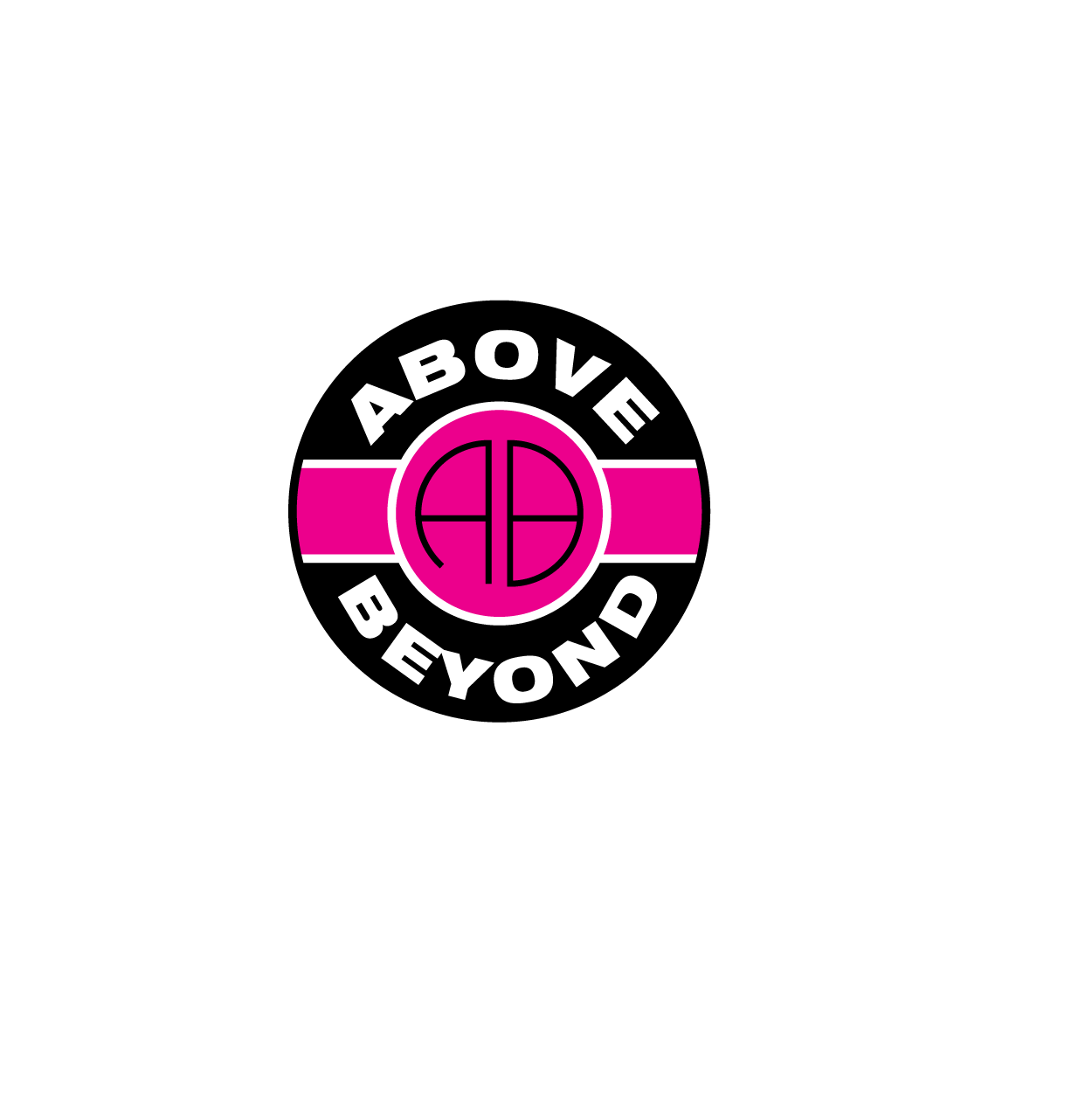 Pink circle with black outline and lines resembling a basketball, surrounded by a pink band. The band is intersected from the sides by two white concentric semi-circles. The words "ABOVE BEYOND" are written in white, bold capital letters curving arou