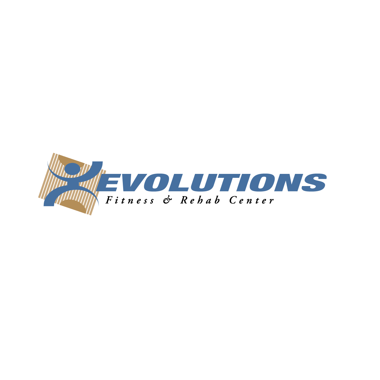 Logo for 'eVolutions' featuring a stylized human figure in blue with a tan background and black text.