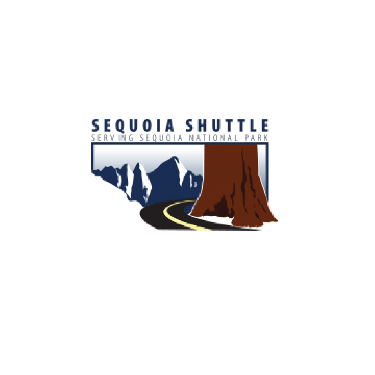 Sequoia Shuttle logo with a mountain and tree illustration and text indicating service to Sequoia National Park.