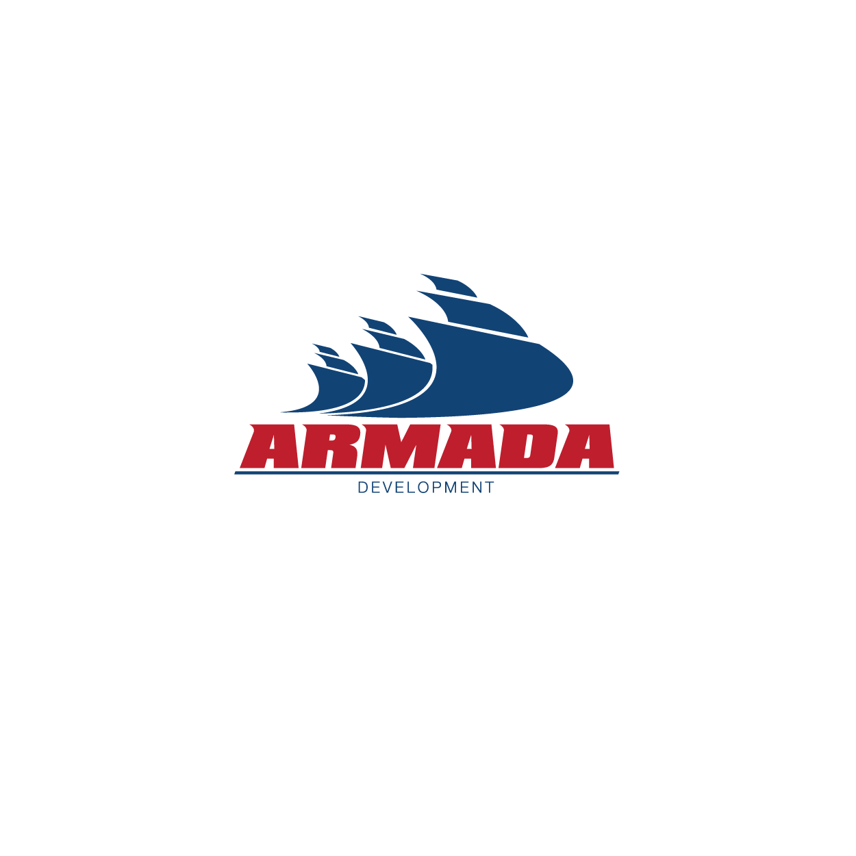 Logo for Armada Development featuring a series of stylized blue ships and the text 'ARMADA' in red with 'DEVELOPMENT' below in blue.