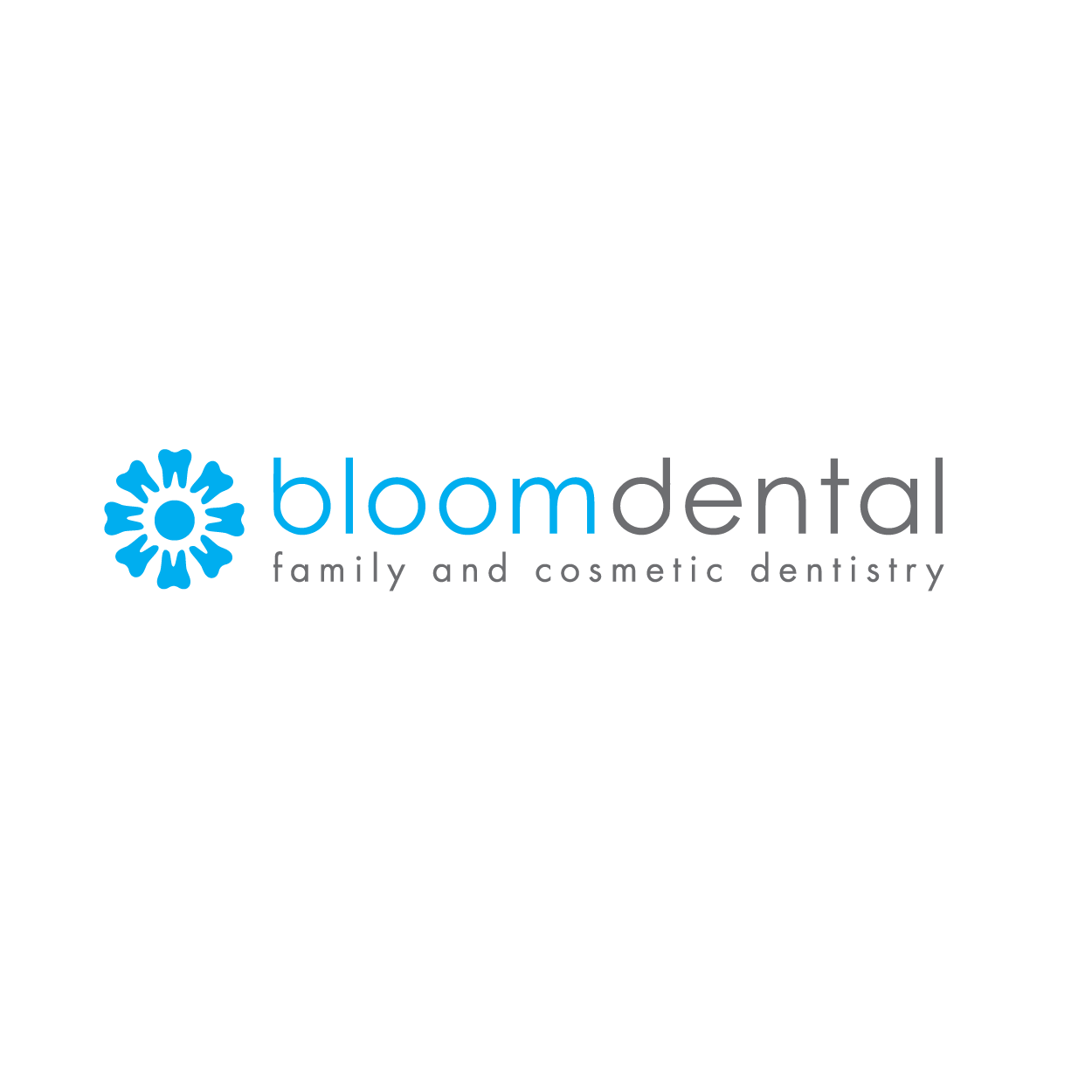 Logo for Bloom Dental featuring a blue flower symbol and text that reads 'bloom dental family and cosmetic dentistry'.