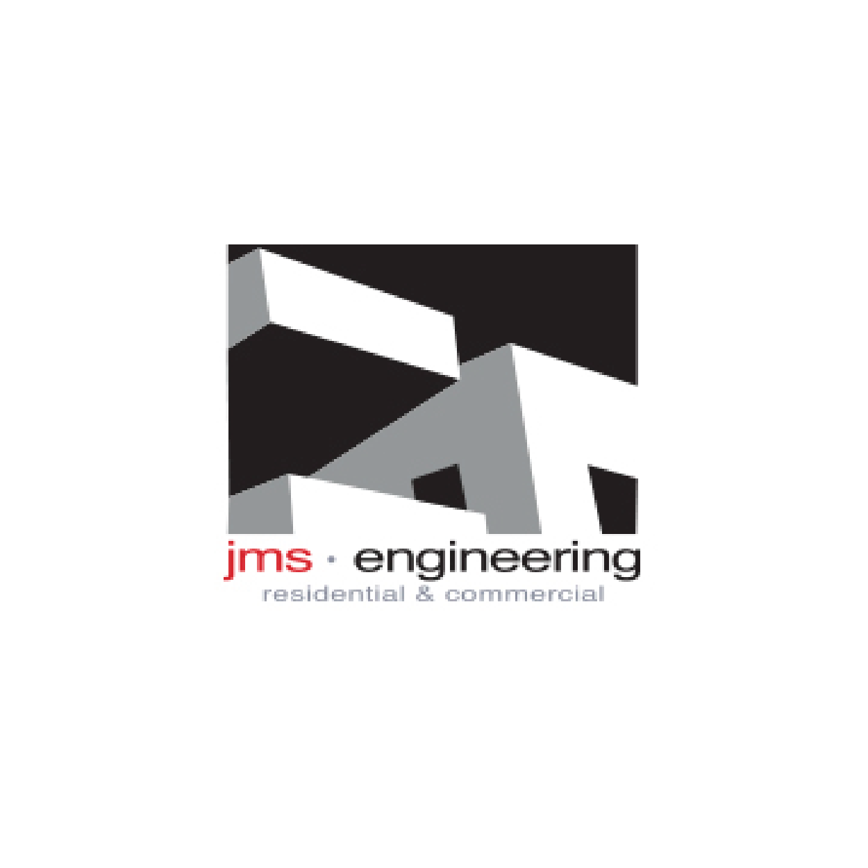 Logo for JMS Engineering featuring a 3D abstract geometric design in black, white, and gray with red and black text reading 'jms engineering residential & commercial'.