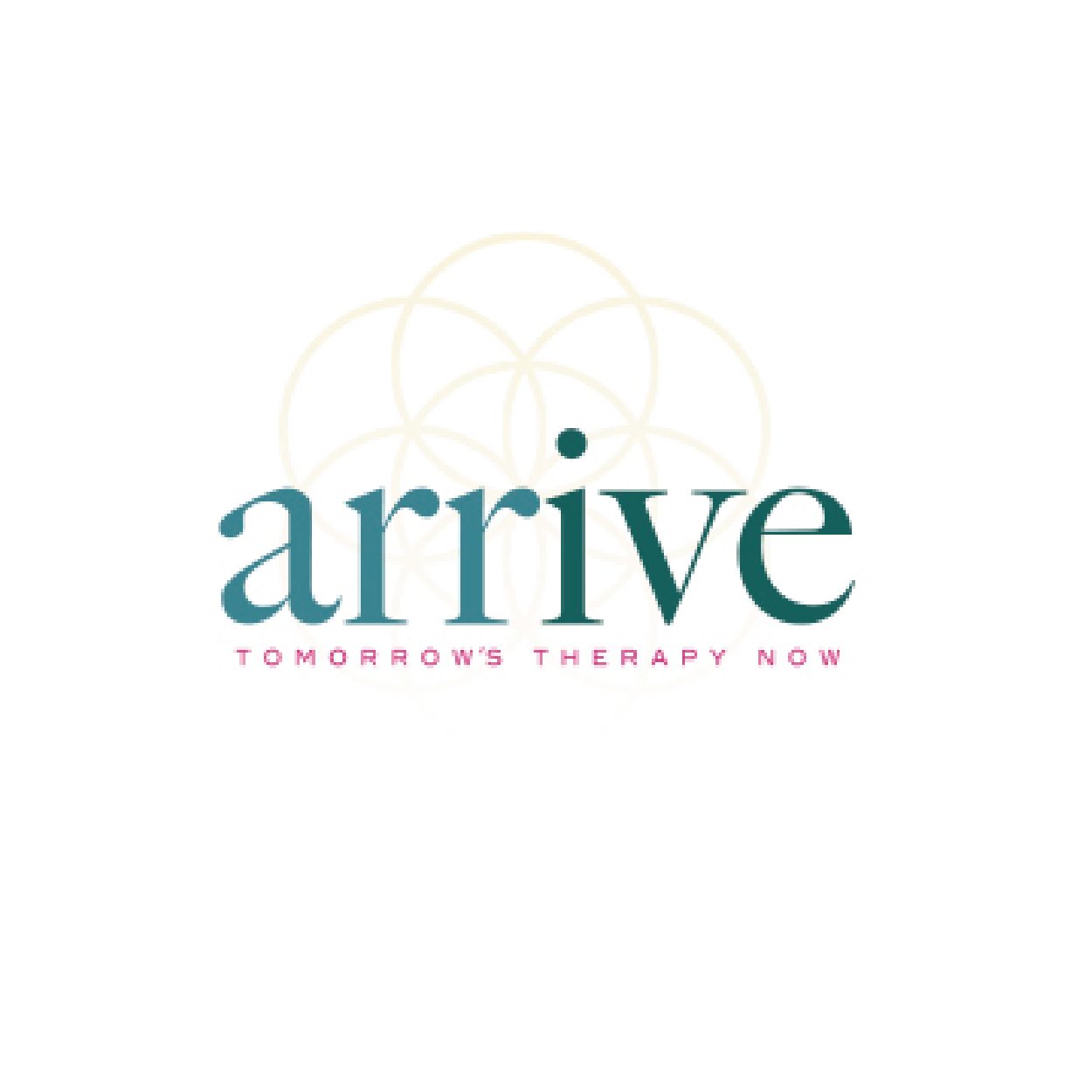A logo with the word 'arrive' in teal font, a geometric background pattern, and pink text below that reads 'TOMORROW'S THERAPY NOW'.