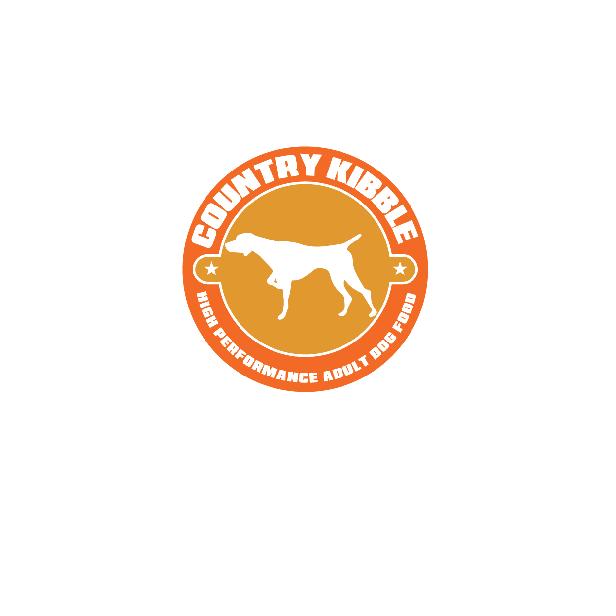 Logo for Country Kirby featuring a white dog silhouette inside a circular badge with orange and brown colors, with text promoting high-performance adult dog food.