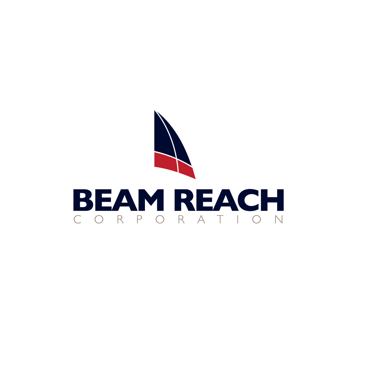Logo for Beam Reach Corporation featuring a stylized sailboat with a dark blue sail and a red hull, and the company name in navy blue and gray text.