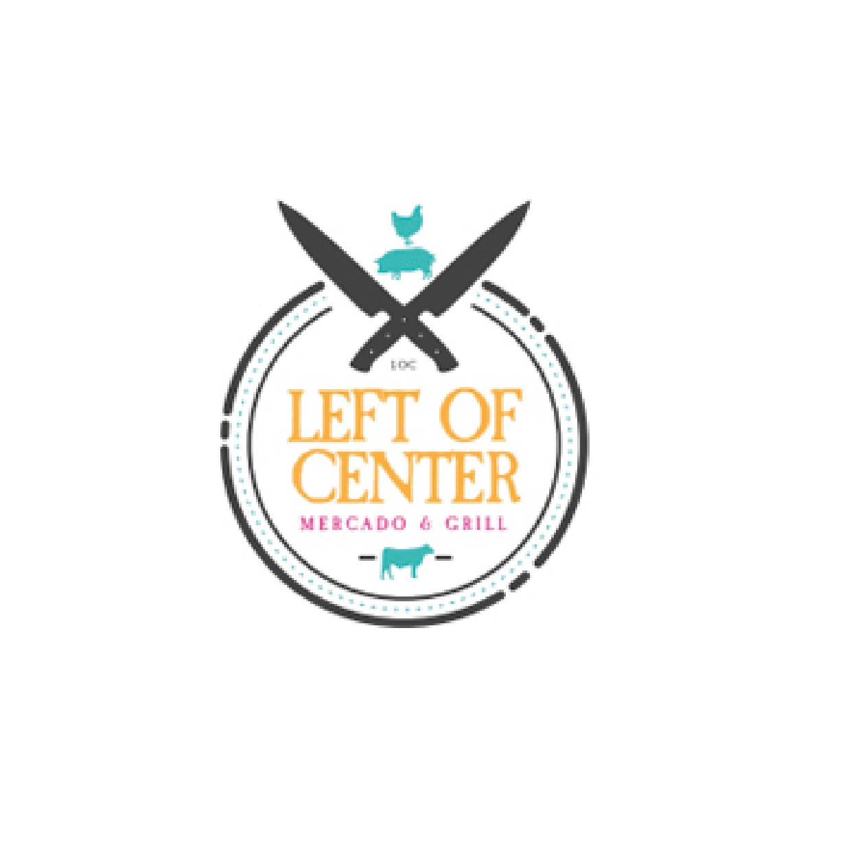 Logo for Left of Center Mercado & Grill, featuring two crossed knives and a circle with a small blue chicken and pig, styled with colorful text.