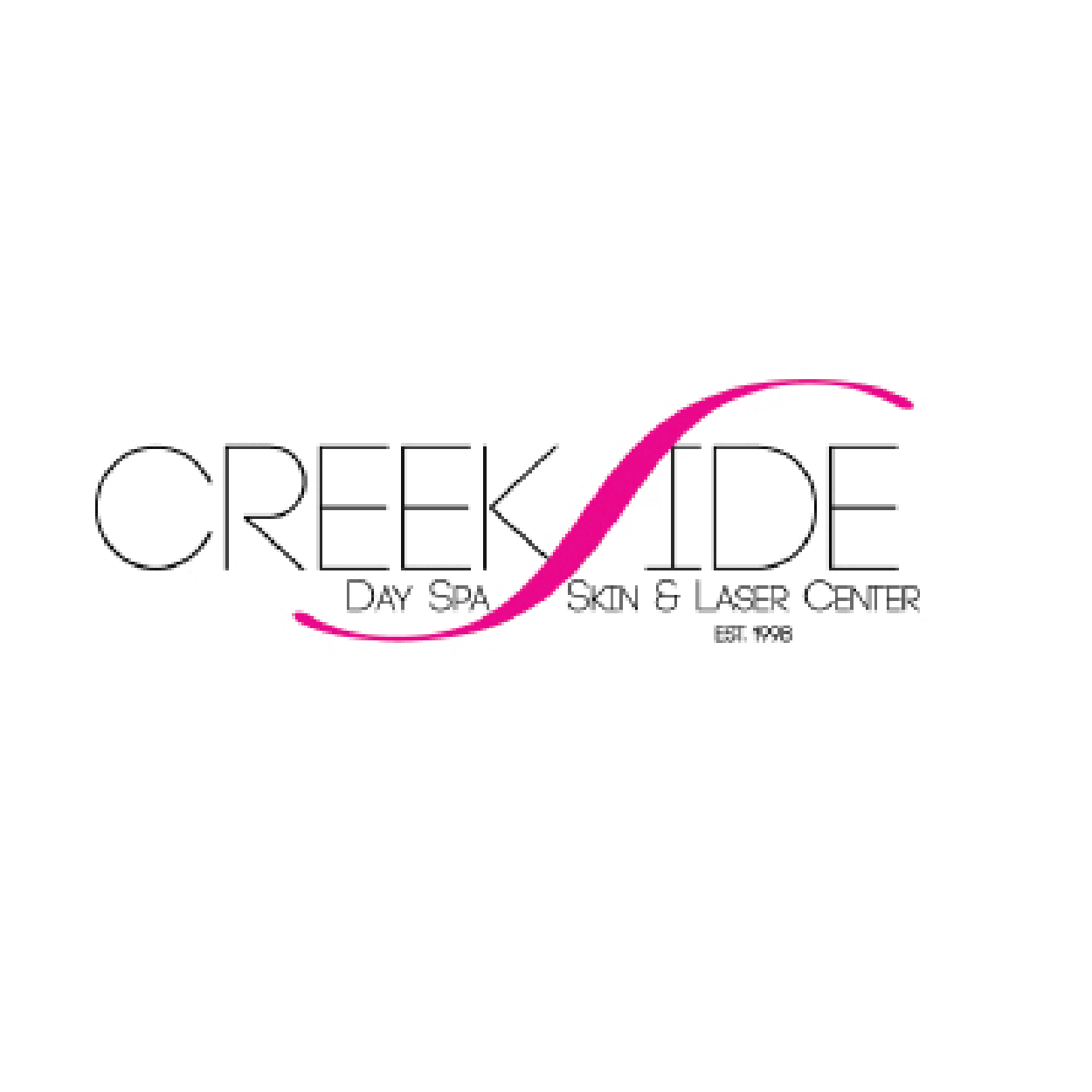 Logo of Creekside Day Spa, Skin & Laser Center, established in 1998, with a stylized pink swoosh and black text on a white background.