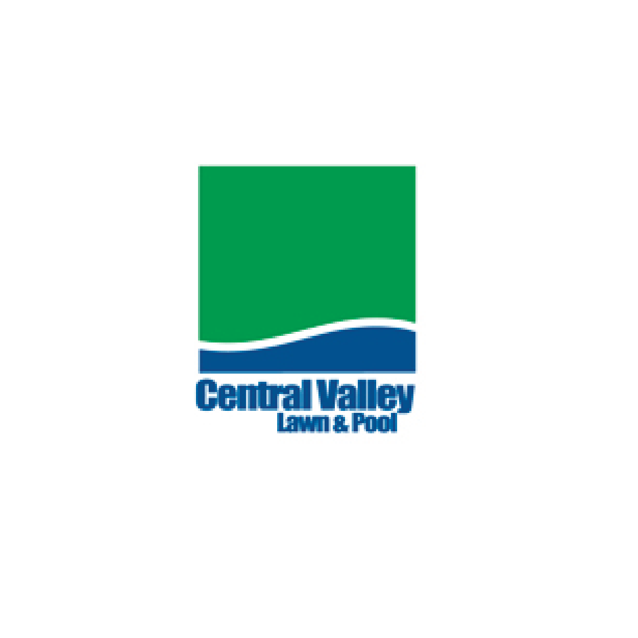 Logo of Central Valley Lawn & Pool, featuring a green square with a white wavy line and a blue wave at the bottom, with the company name in bold blue letters.