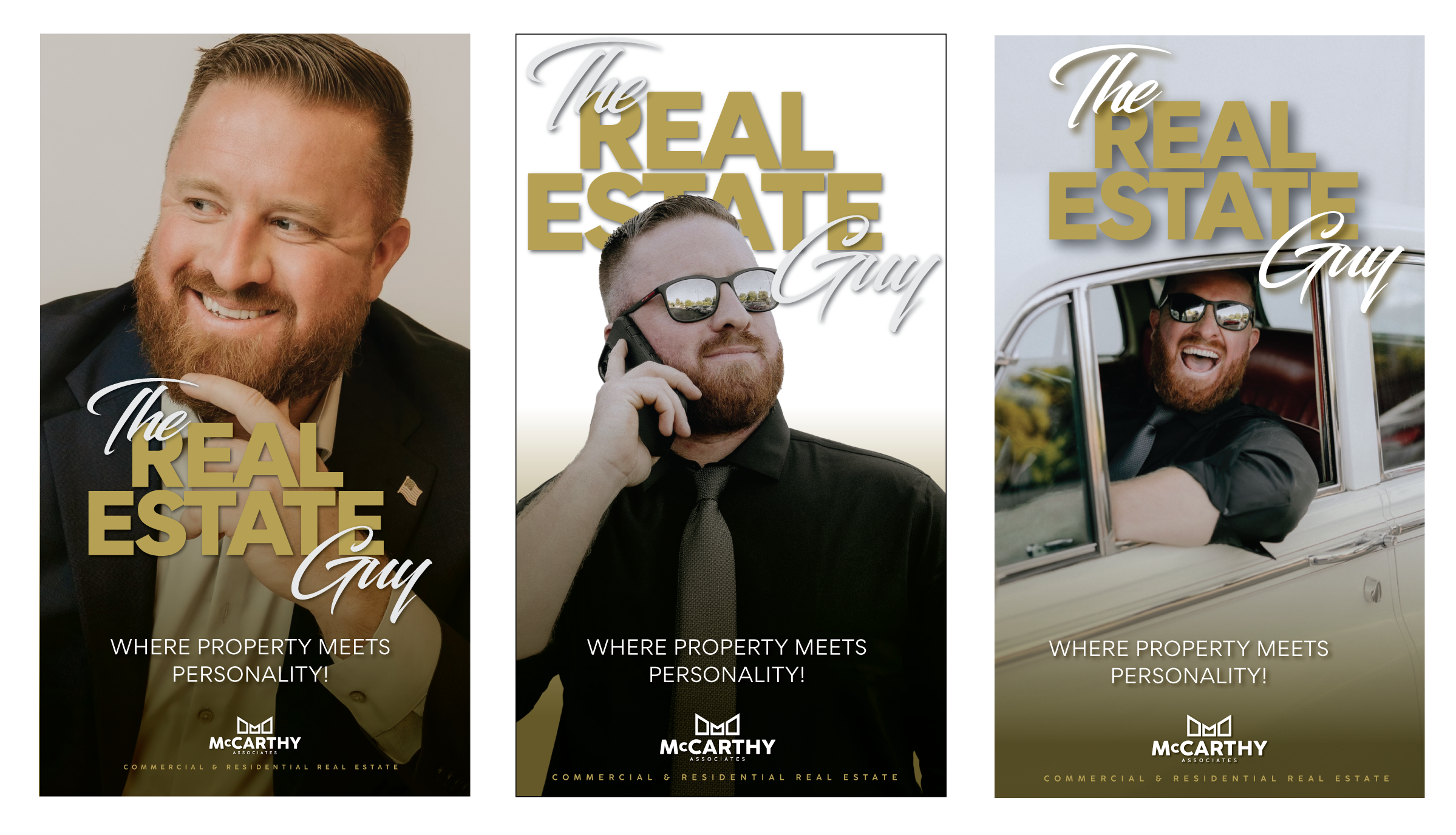 Three promotional posters for a real estate agent, each featuring a smiling man with a beard and glasses, titled 'The Real Estate Guy'. The first shows a man in a suit with a hand on his chin; the second shows a man talking on a phone with sunglasses and a tie; the third shows a man sitting in a vintage car with his arm resting on the window.