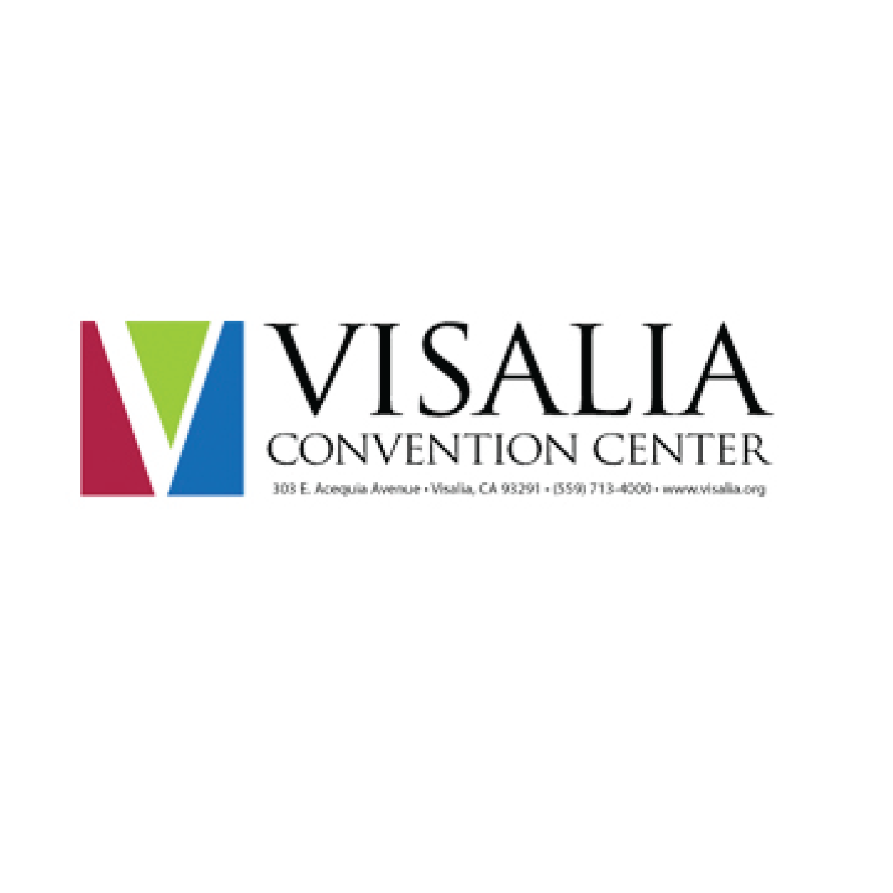 Logo for Visalia Convention Center, featuring colorful geometric design and contact information.