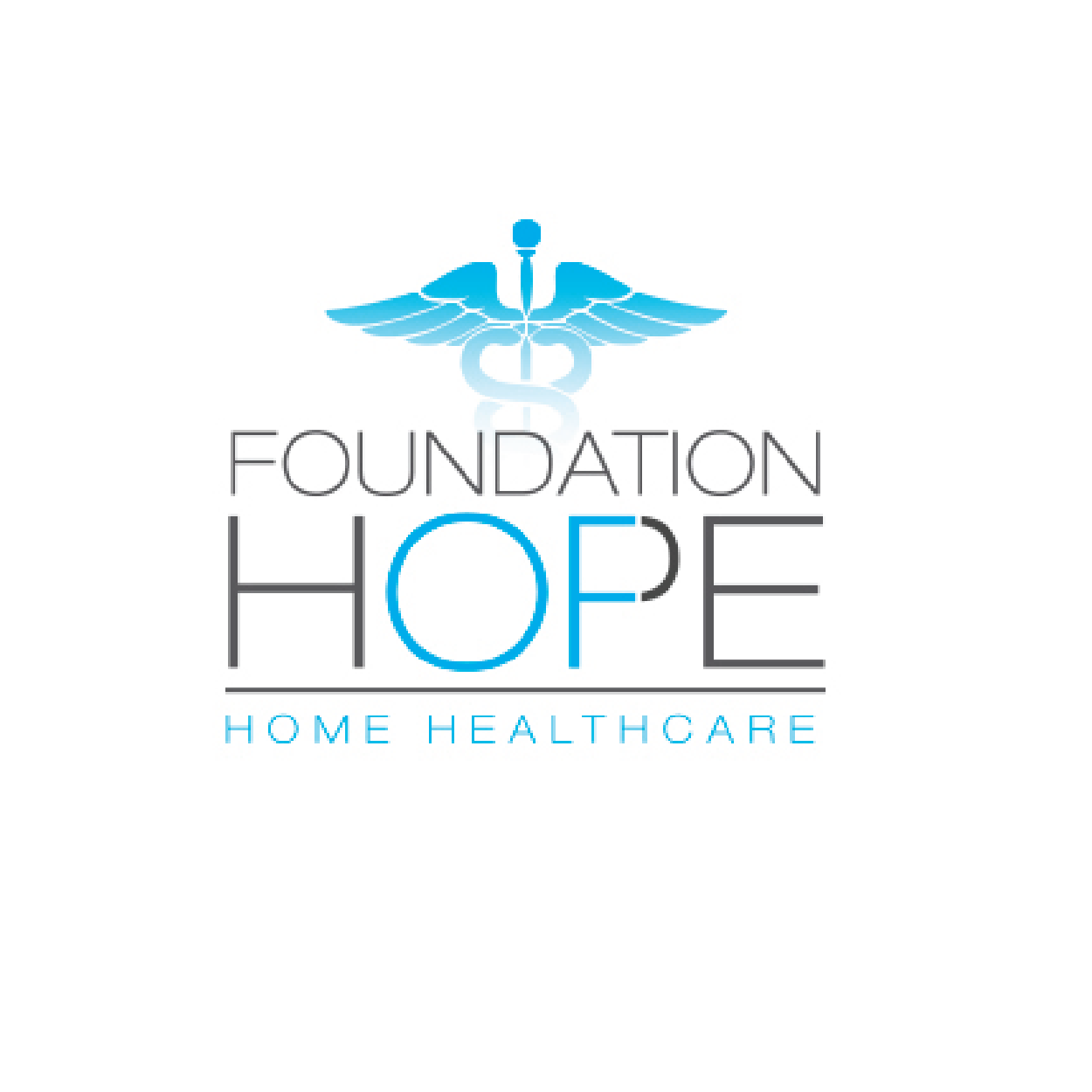 Logo for Foundation Hope Home Healthcare with a caduceus symbol and blue, black, and gray text.