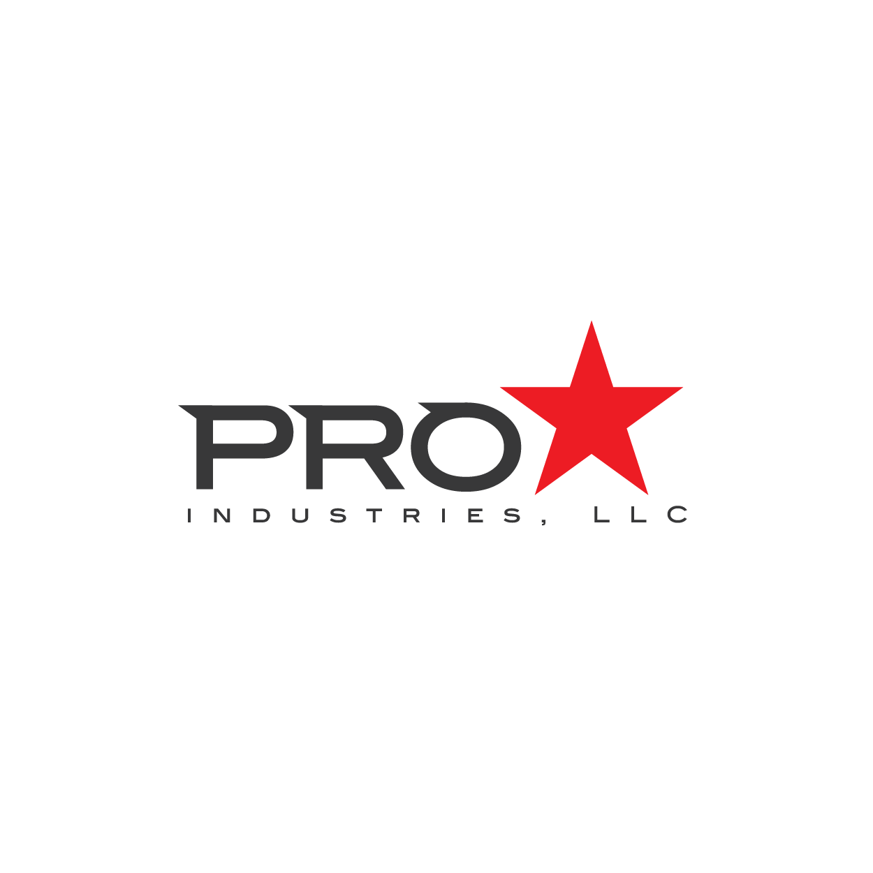 Logo for PRO Industries, LLC featuring a black background, gray text, and a red star symbol.