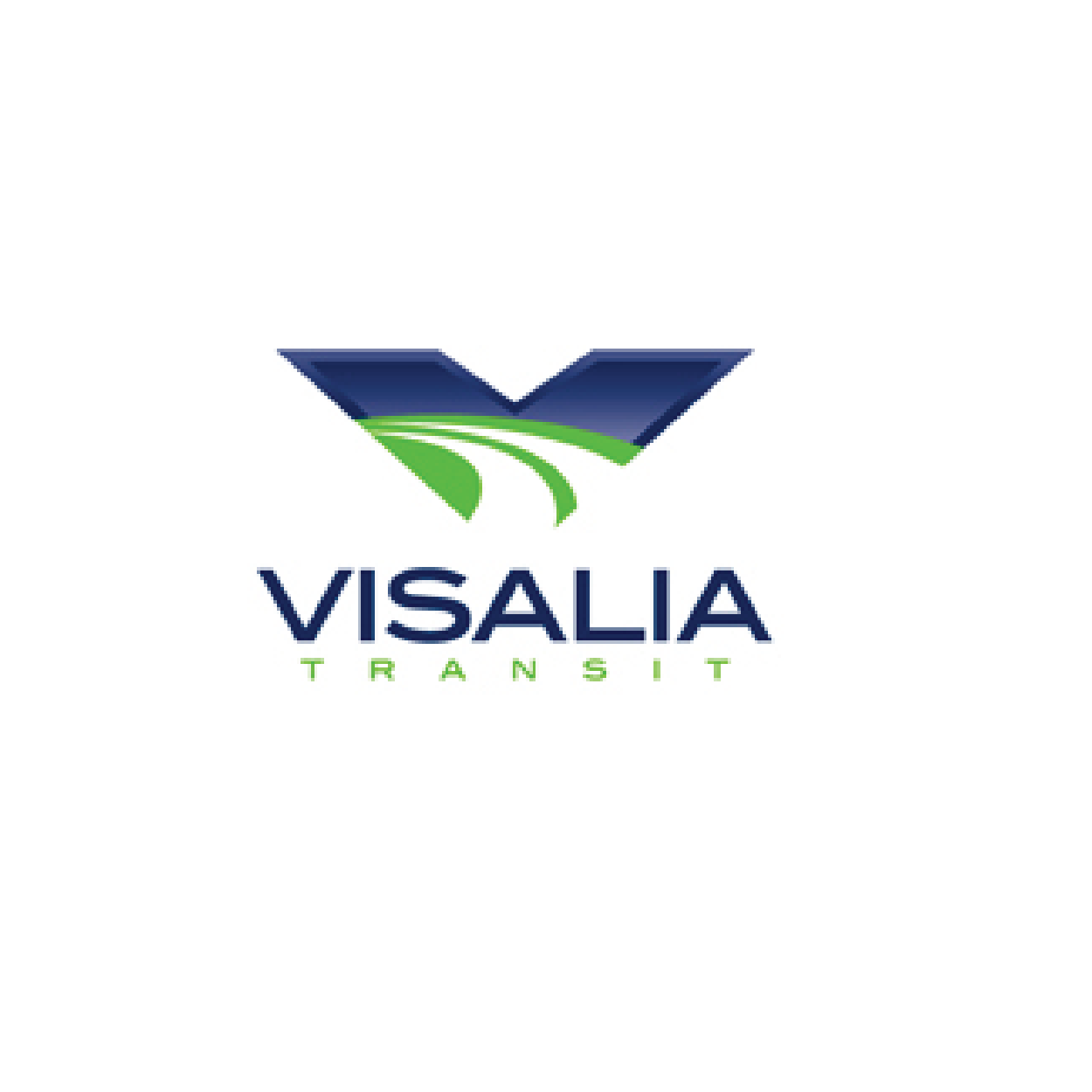 Logo of Visalia Transit, featuring a stylized green and blue abstract design above the words 'Visalia Transit' in blue and green text.