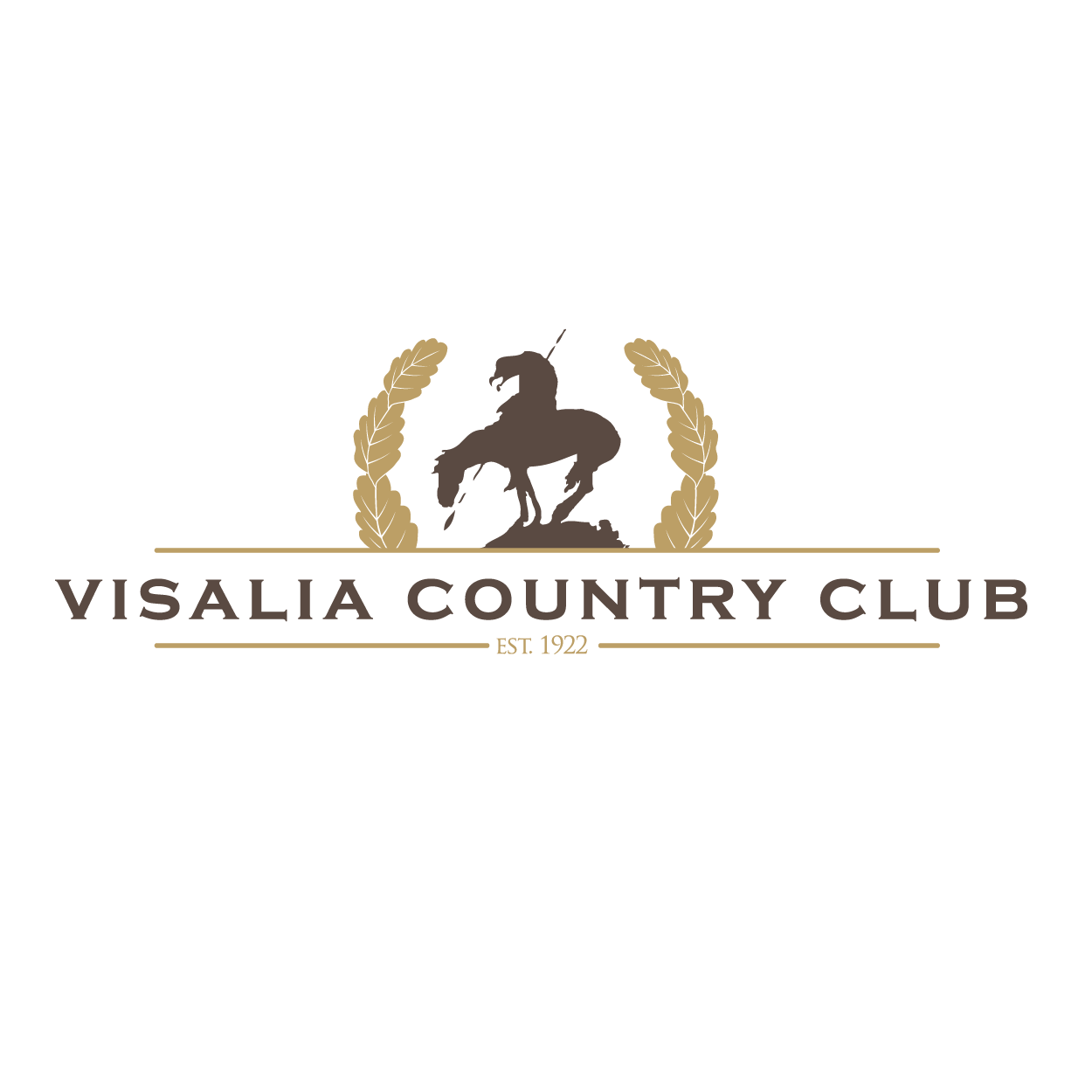 Logo for Visalia Country Club with a silhouette of a bird-like creature, two gold laurel branches, and text 'Visalia Country Club' and 'Est. 1922'.