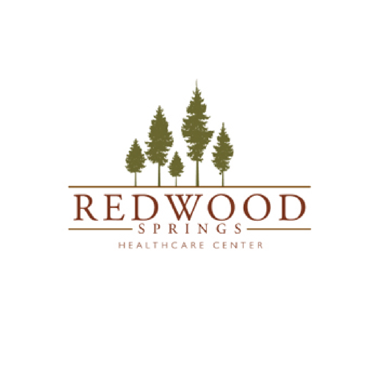 Logo for Redwood Springs Healthcare Center featuring stylized pine trees above the text 'REDWOOD SPRINGS' with 'HEALTHCARE CENTER' below.