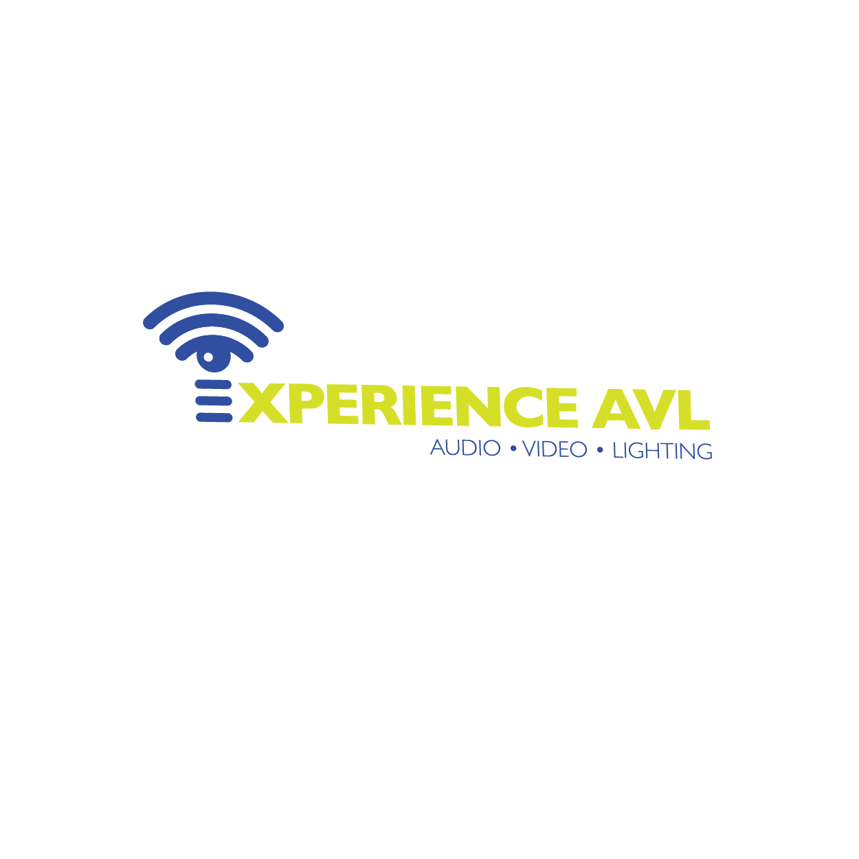 Logo for Xperience AVL, featuring a stylized Wi-Fi signal icon in blue, with text 'Xperience AVL' in yellow-green and 'Audio Video Lighting' below in blue.