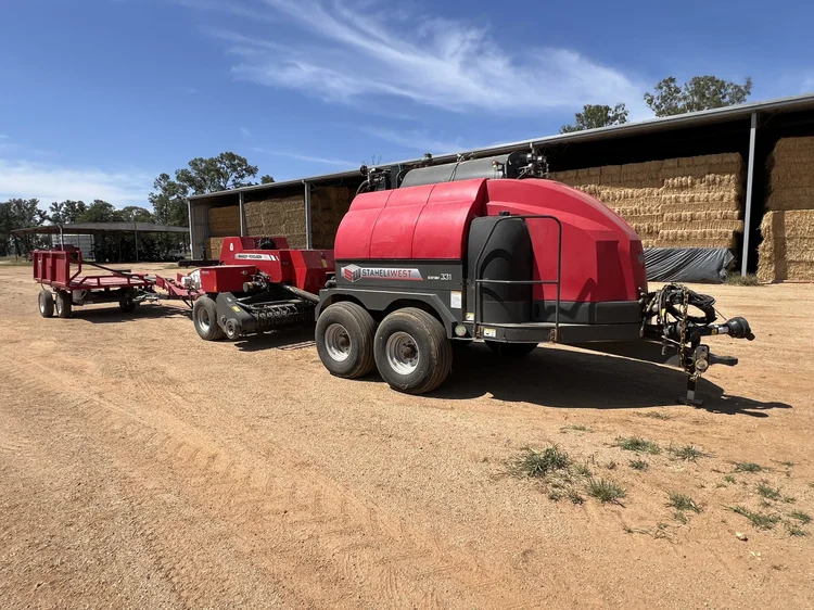 Massey Ferguson 1840 Baler + Rebel Accumulator + Staheli West Steamer for sale at Midstate Machinery Brokers
