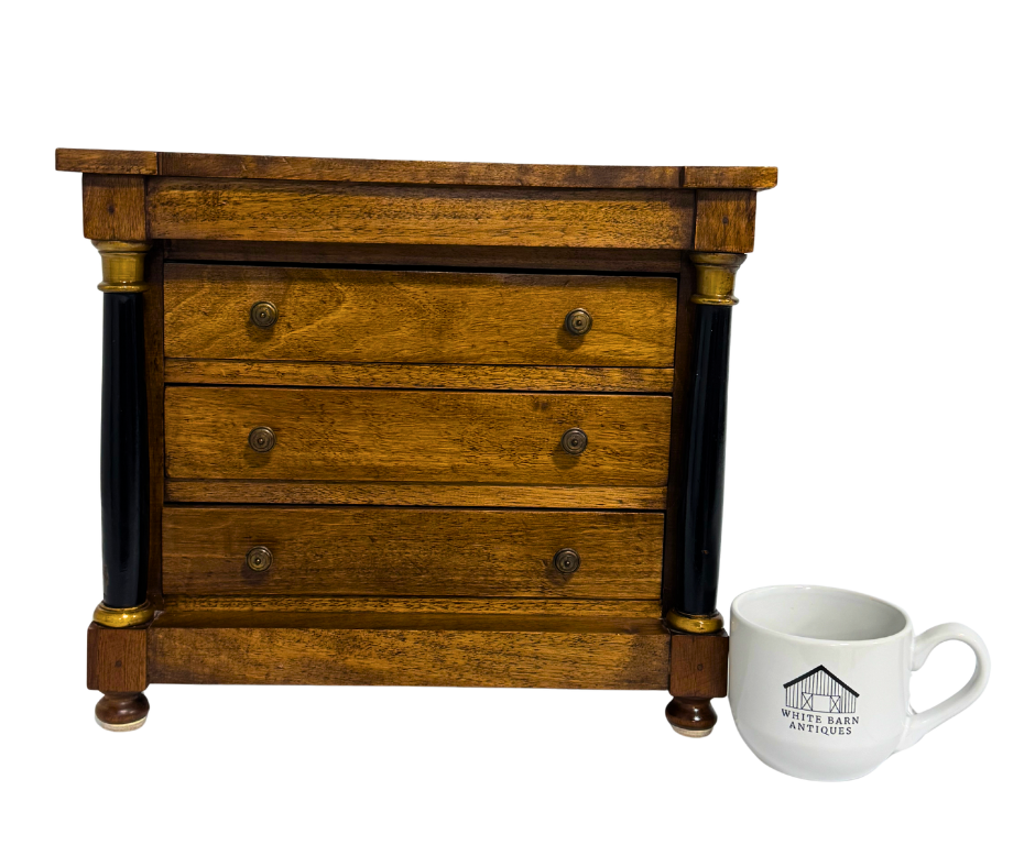 Antique Late 19th Century Empire Beidermeier Style Salesman Sample.  Three Drawers with Bale Handles, Accented by Ebonized Columns.