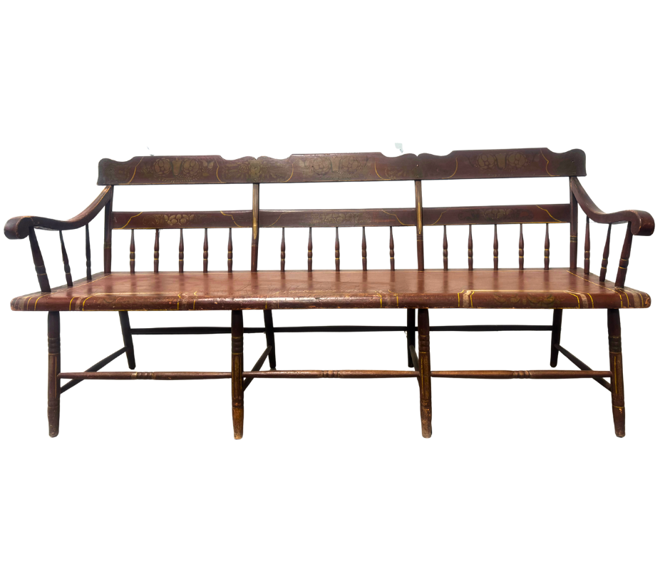 Antique Early 19th Century American Windsor Style Deacon's Bence.  Hand Painted Back And Seat Details In Original Finish.  Seat Constructed Of Single Board 74.25"L, 34.5'H, 20.25"D