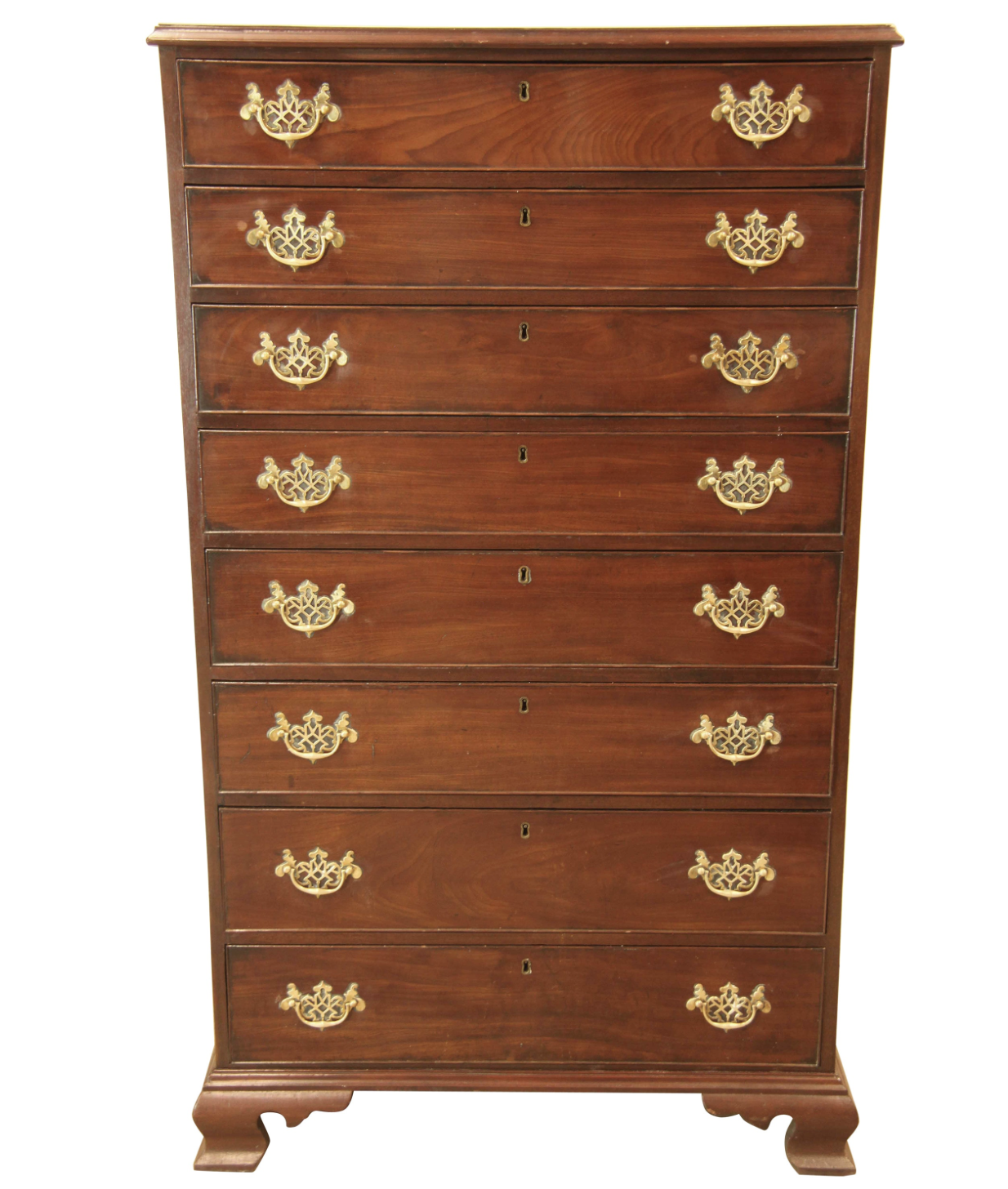 George III eight drawer tall chest, with beautiful color and patina, pine secondary wood.