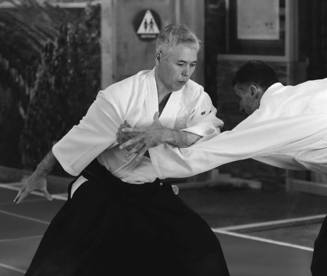 Duas pessoas praticando Aikido, uma delas está em uma posição defensiva e a outra está tentando estabelecer controle. Ambos usam quimonos brancos e estão em um dojo.