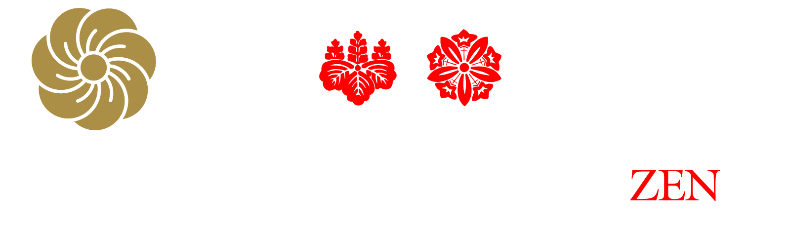 Logotipo com símbolos e nomes relacionados ao Zen Budismo e artes marciais, incluindo logos do Tenko, do templo Taikozan Tenzuizenji, e do Zendo Brasil.