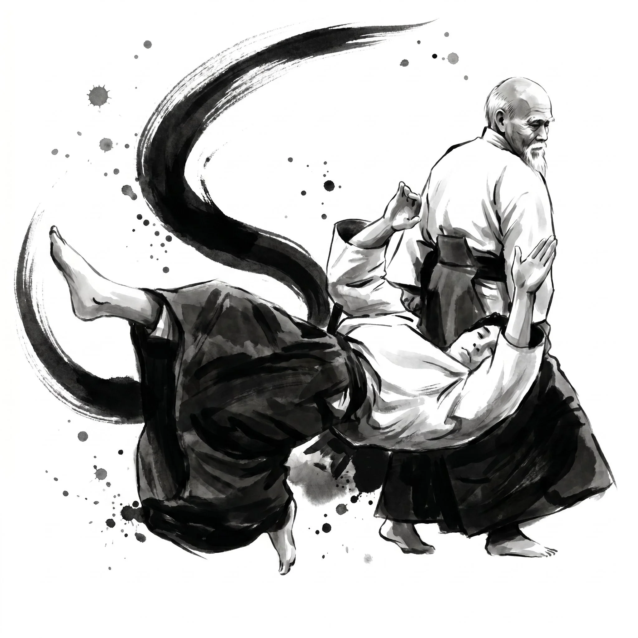 Ilustração em preto e branco de uma pessoa idosa praticando yoga, com movimentos suaves e expressão de concentração, acompanhada por elementos de tinta como tinta preta espalhada em um fundo branco.