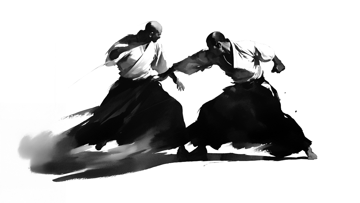 Duelo de aikido entre dois praticantes de kimono preto e branco, com movimentos marcantes e postura de luta.