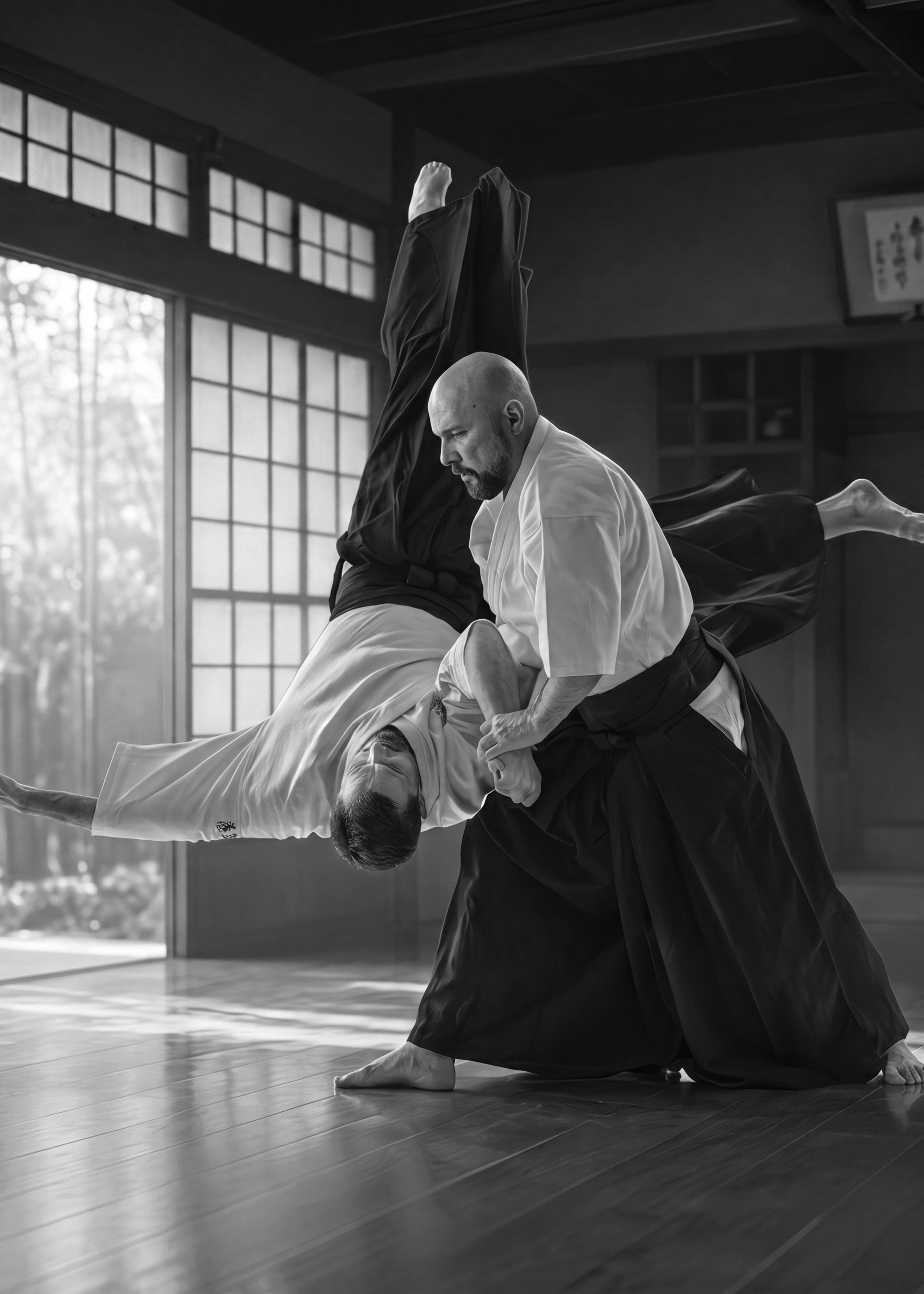 Dojo de Aikido com dois praticantes treinando uma técnica, um deles segurando o outro, em um ambiente com portas de papel e iluminação natural.