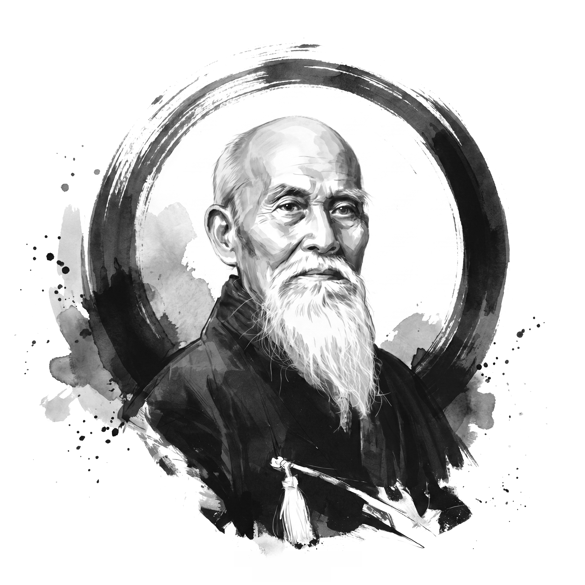 Retrato em estilo sumi-e de Morihei Ueshiba, expressão serena, usando roupa escura, fundo abstrato preto e branco com respingos de tinta.