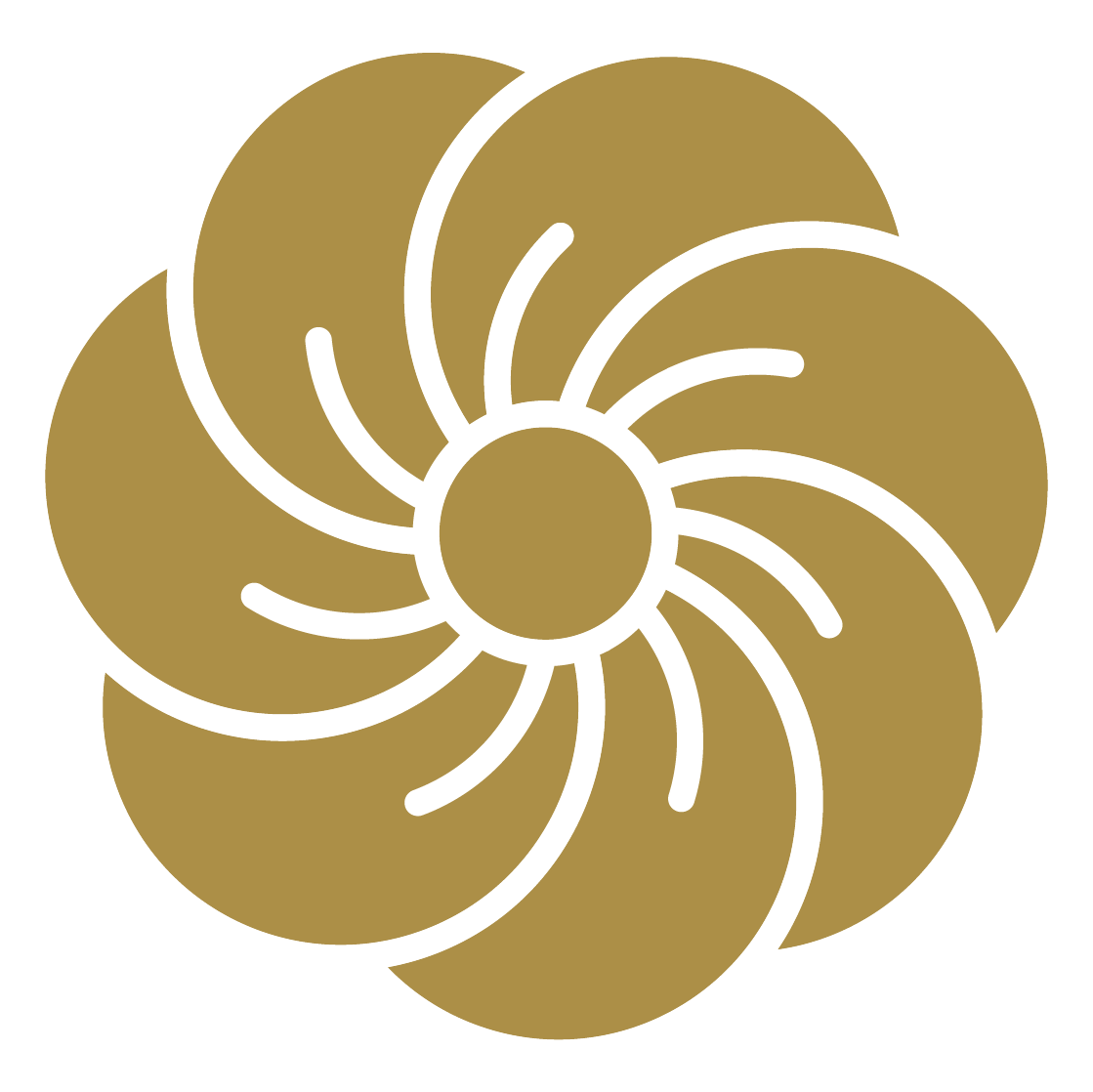 Logo do Tenko Aikido. Uma flor com sete pétalas douradas e contorno branco sobre fundo transparente.