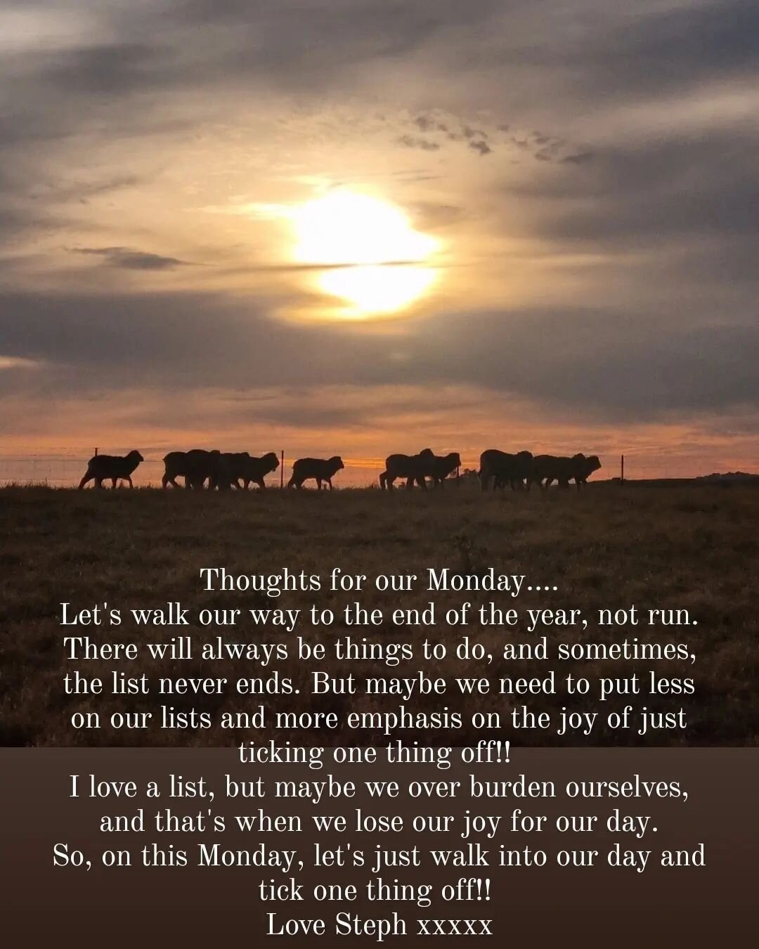 Thoughts for our Monday....
Let's walk our way to the end of the year, not run.
There will always be things to do, and sometimes, the list never ends. But maybe we need to put less on our lists and more emphasis on the joy of just ticking one thing o