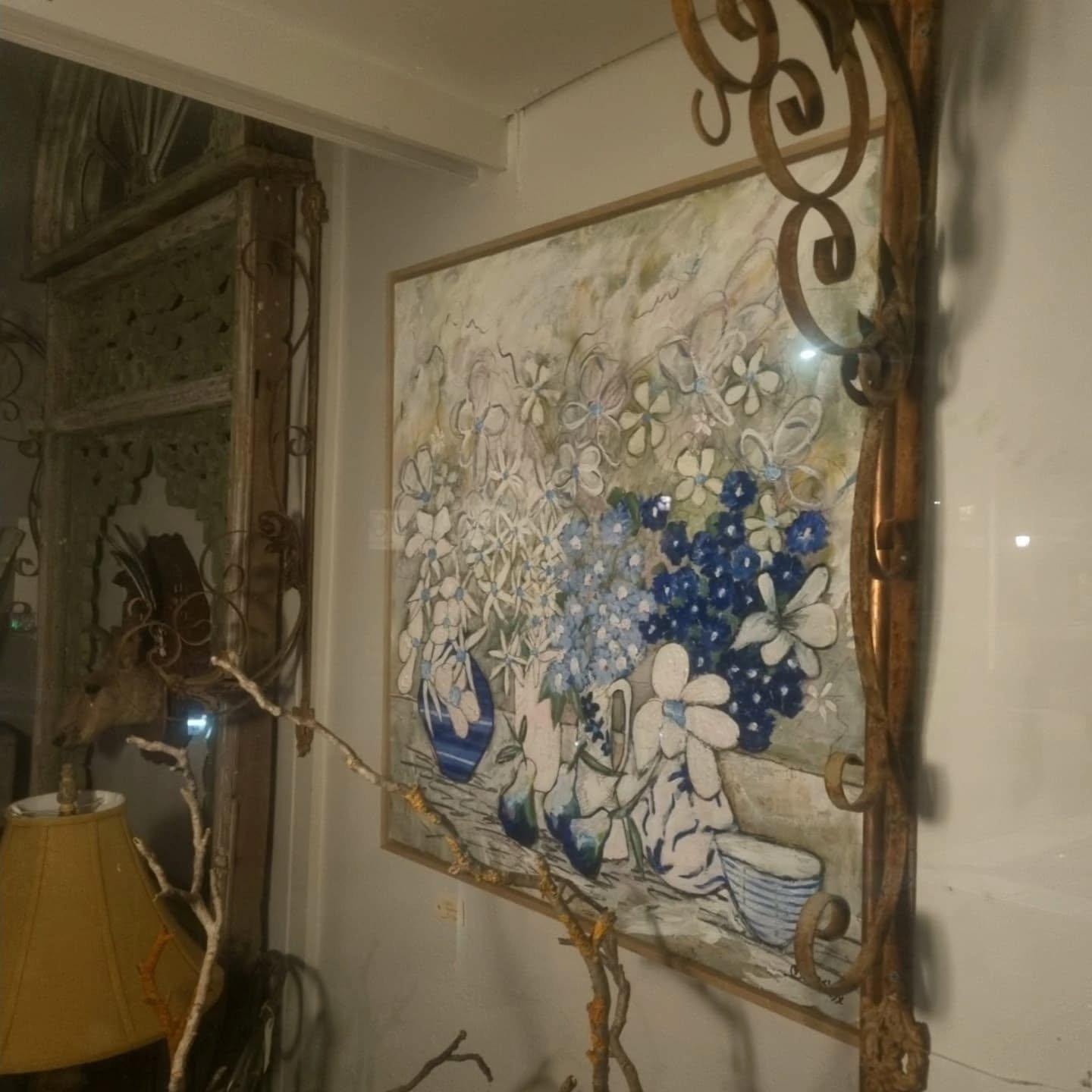 Last night, I was driving through Boorowa. 
My brother Joseph has opened a shop in the main street.
It looked so pretty.
Lamps on, depicting a marvel of interesting treasures. 
I couldn't resist taking a photo of my artwork in the window.
So clever, 